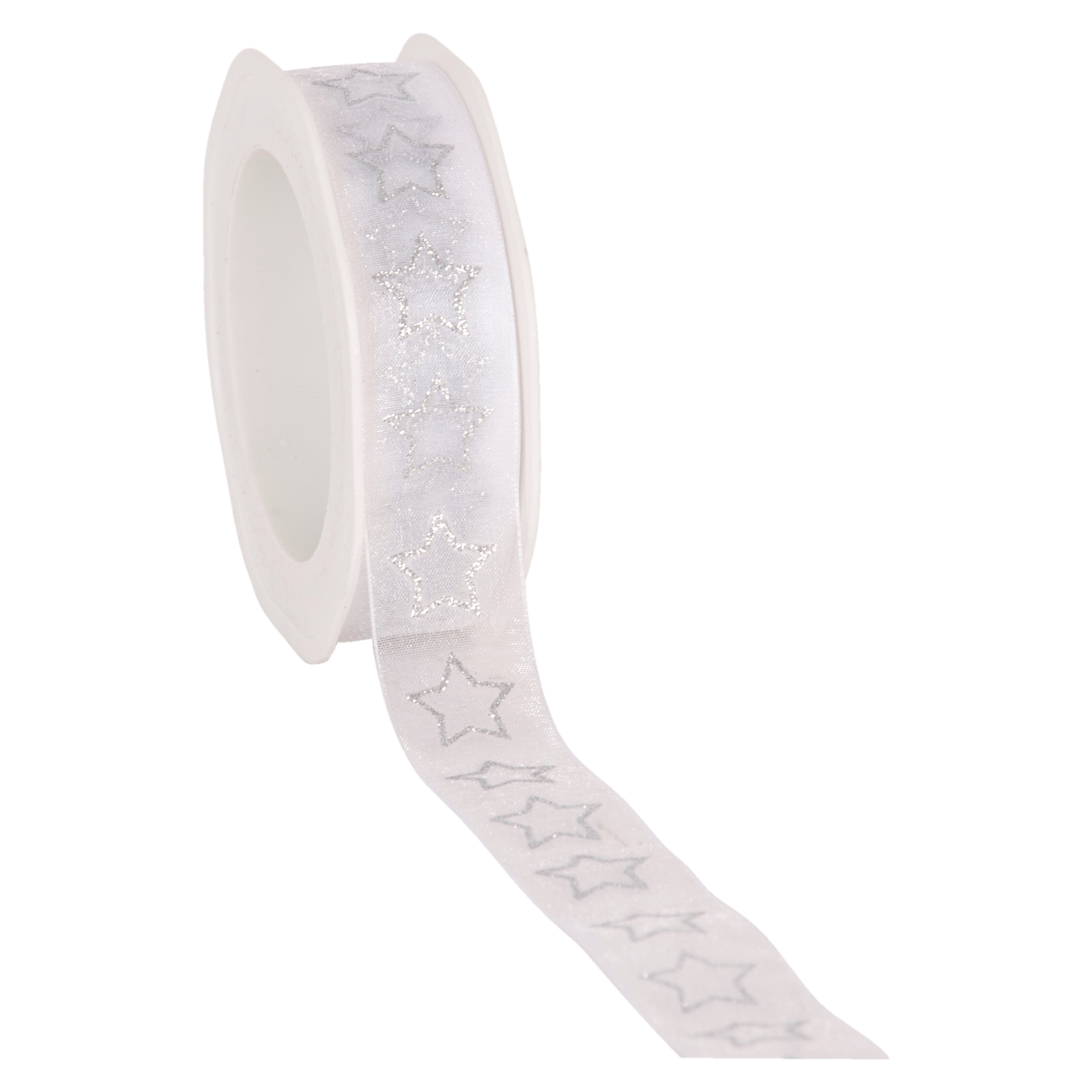 Afbeeldingen van Rol lint 25 mm 15 mtr organza wit met glitter sterren (uc)