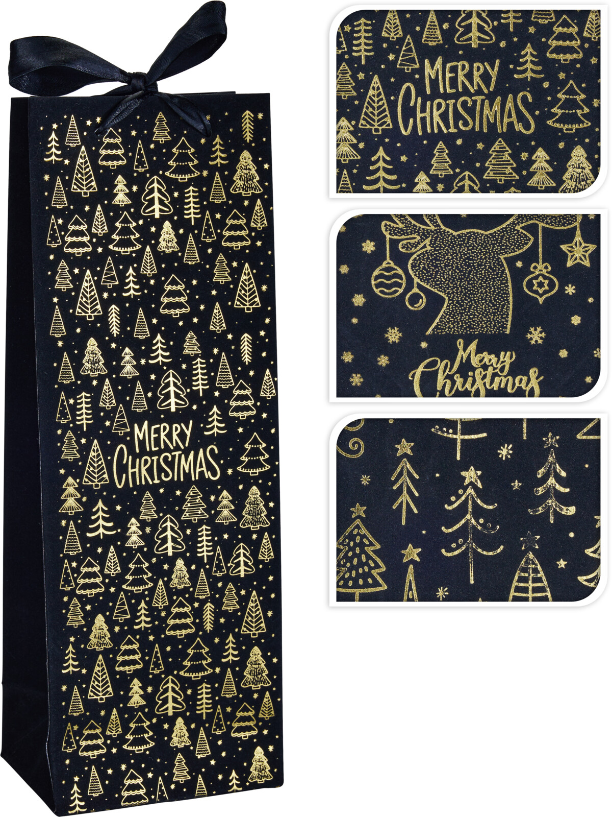 Afbeeldingen van Pak à 12 geschenktas fles 13x35 cm Velvet Merry Christmas assorti