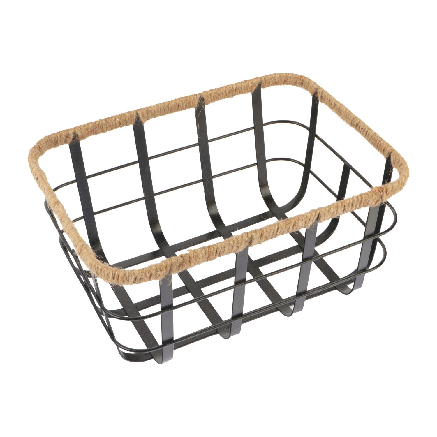 Afbeeldingen van Mand metaal zwart met jute touwrand 27x20x13,5 cm  