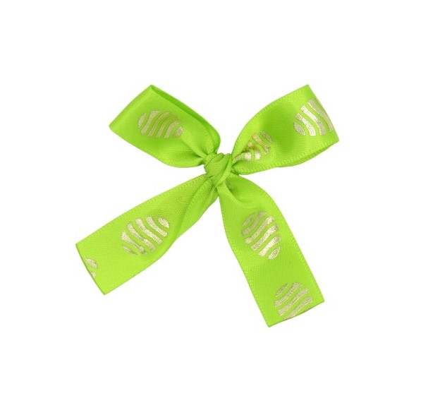 Afbeeldingen van Zak à 250 strik 7 cm met sluitclip, groen met gouden paasei (ucl)