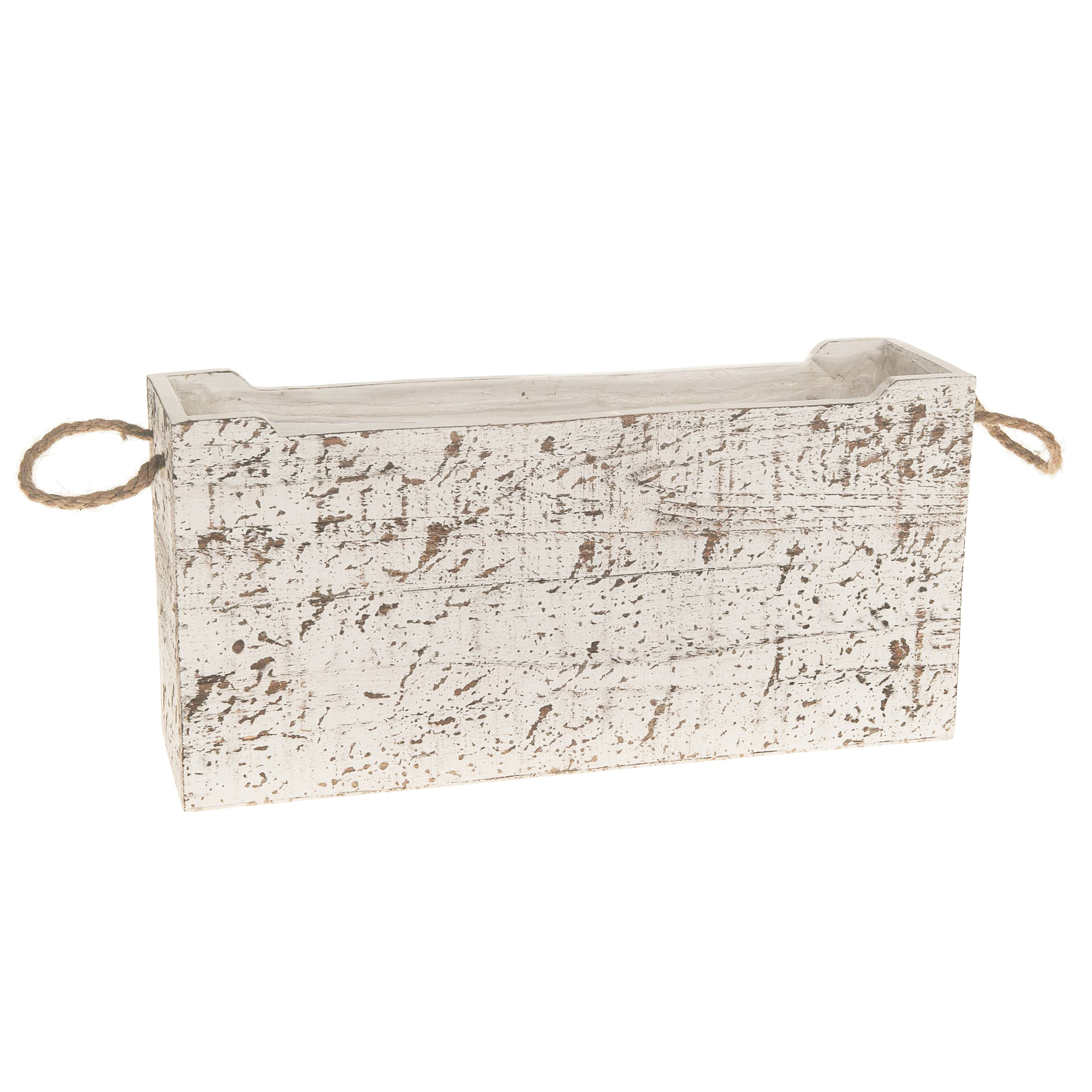 Afbeeldingen van Houten bak 37x8x19 cm white wash met touwgrepen