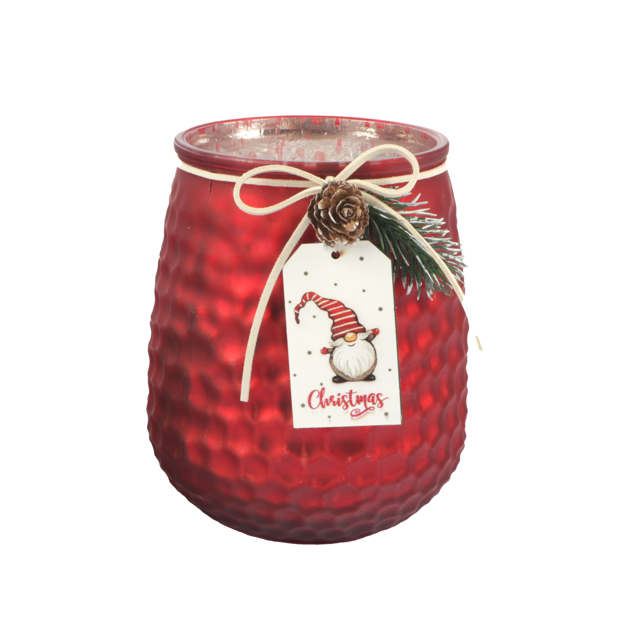 Afbeeldingen van Waxinelichthouder 11x14 cm rood, met strik en label gnoom 