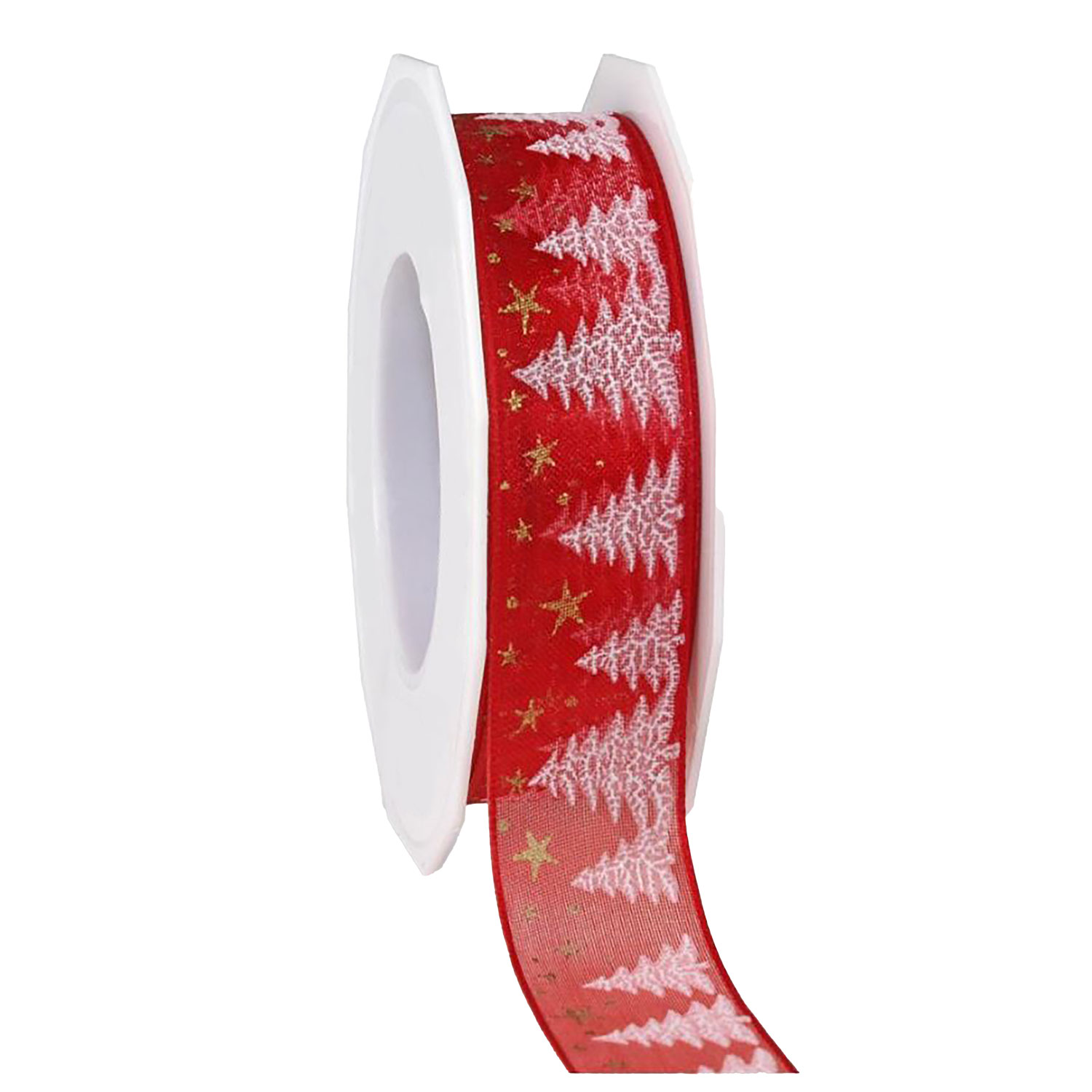 Afbeeldingen van Rol organzalint bedraad 25 mm 20 mtr kerstlandschap rood