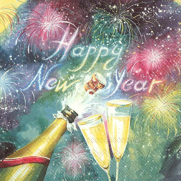 Afbeeldingen van Pak à 20 servetten 33x33 cm 3 laags Happy new year champagne