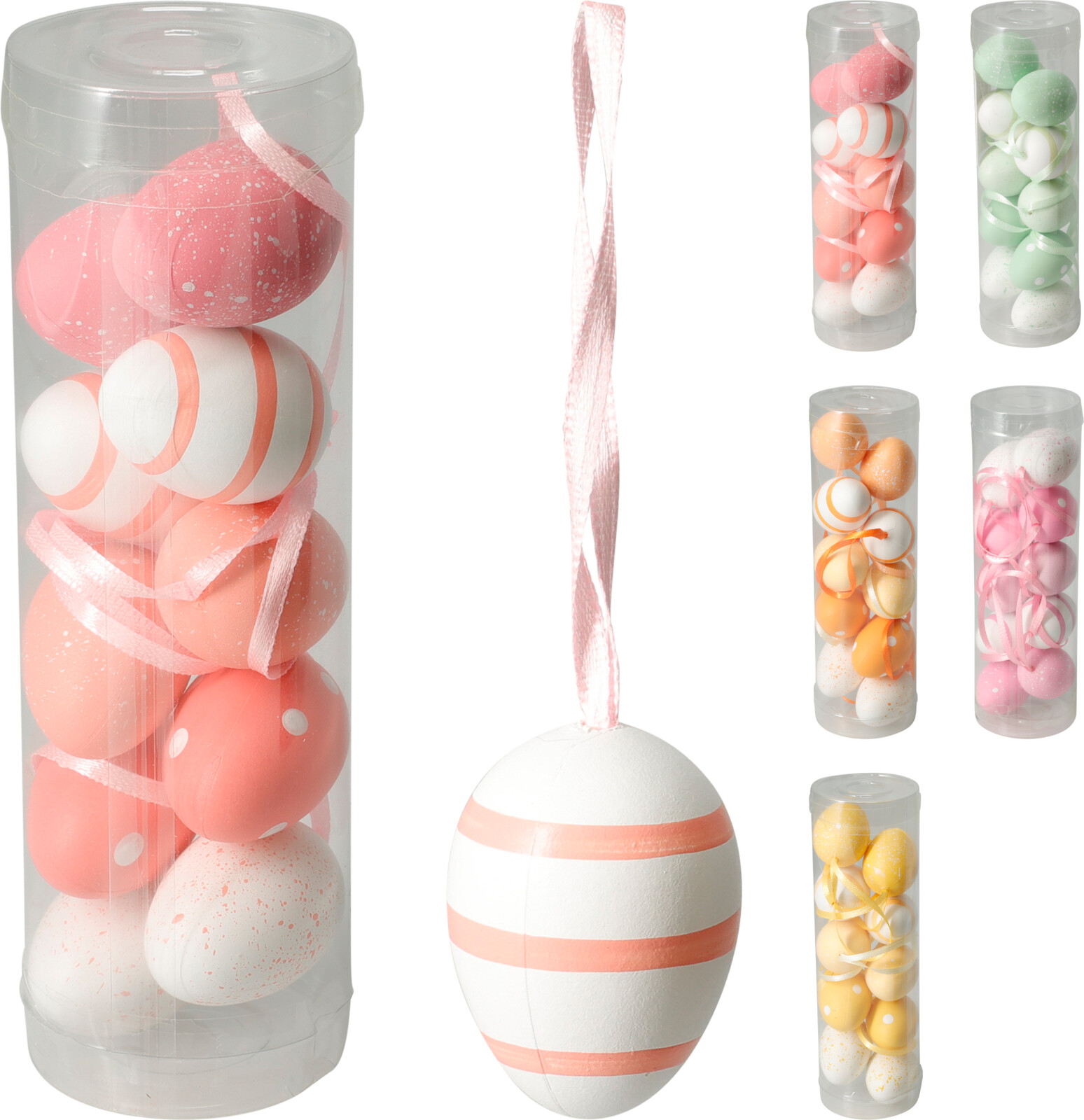 Afbeeldingen van Koker à 10 mini paasei hanger 4 cm assorti