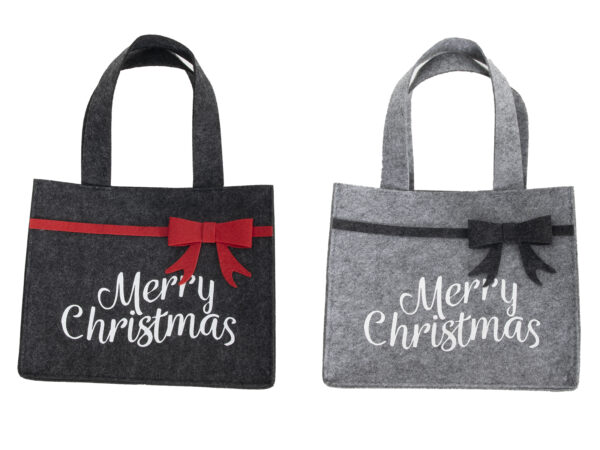 Afbeeldingen van Pak à 12 vilten tas 20x7,8x16 cm Merry Christmas met strik assorti