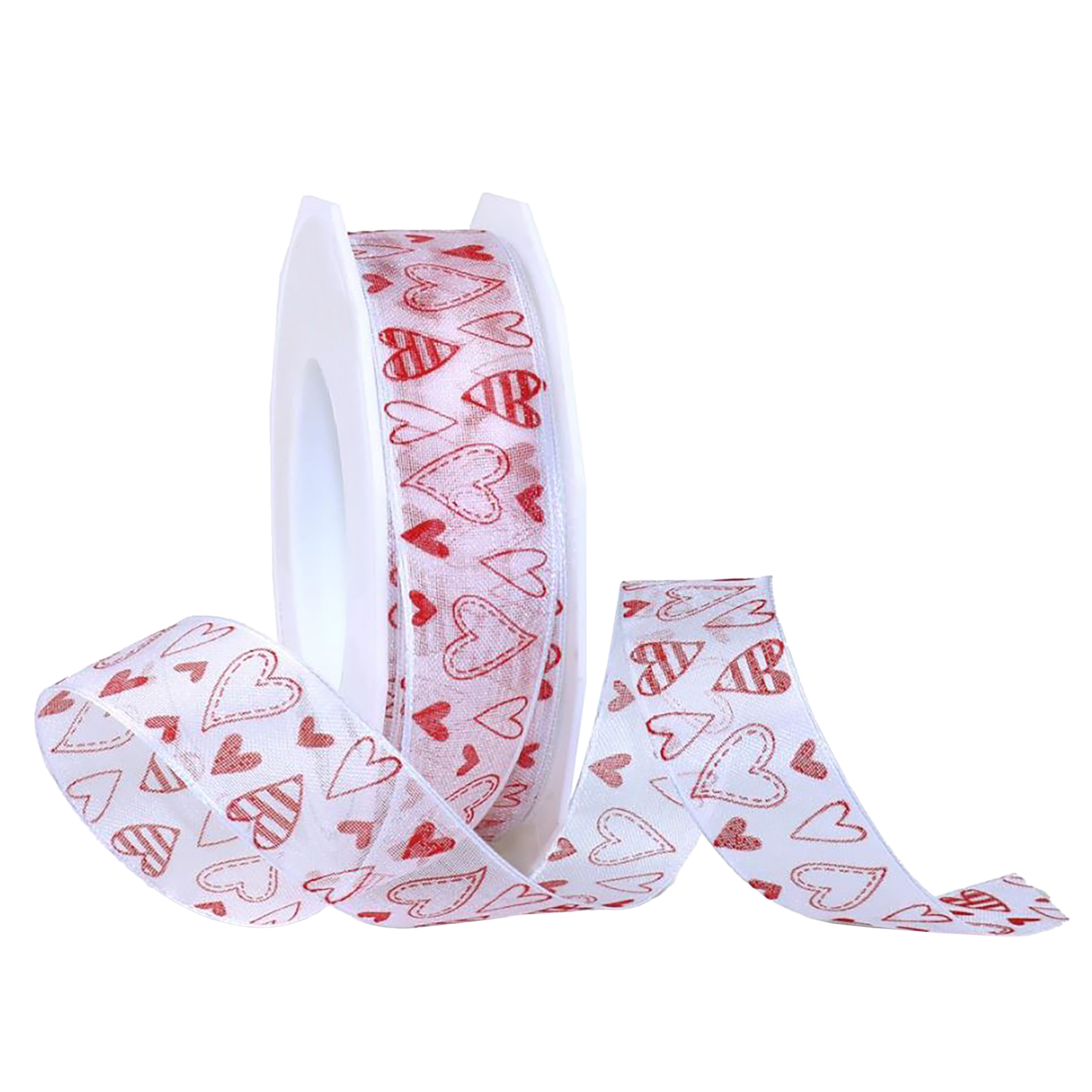 Afbeeldingen van Rol organzalint bedraad 25 mm 20 mtr hartjes wit/rood