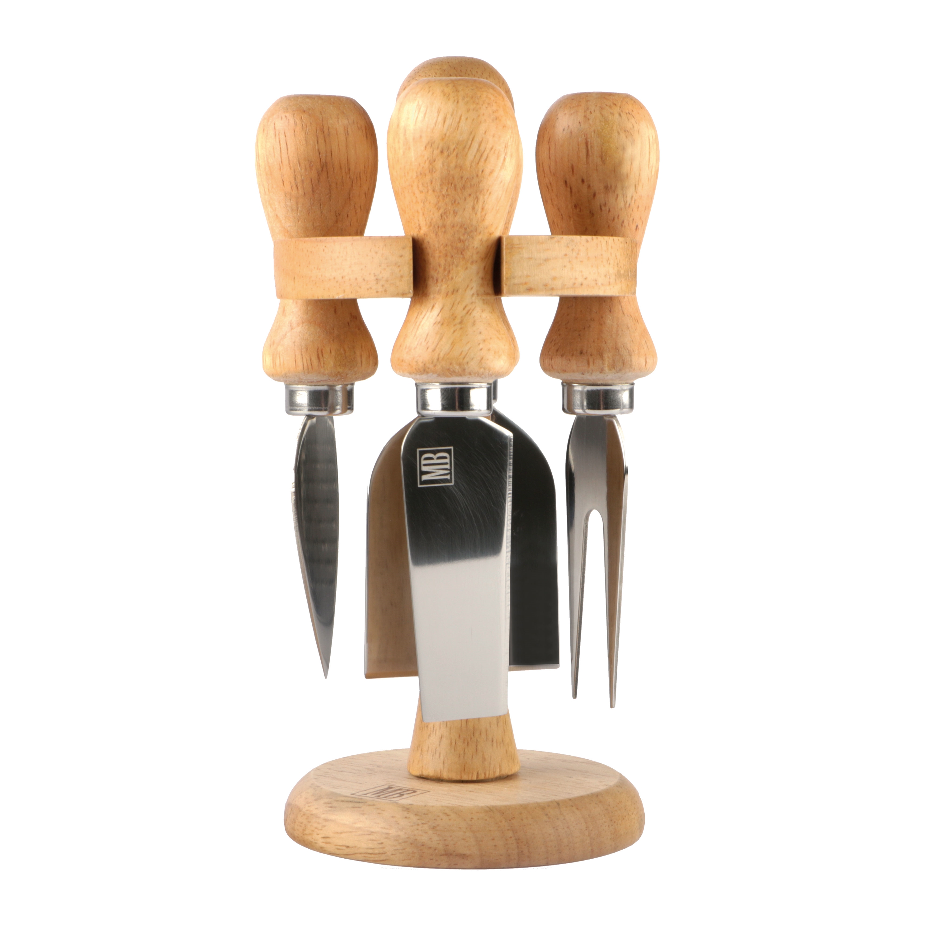 Afbeeldingen van Houder rubberwood met vork en 3 mesjes 8x17 cm (uc)