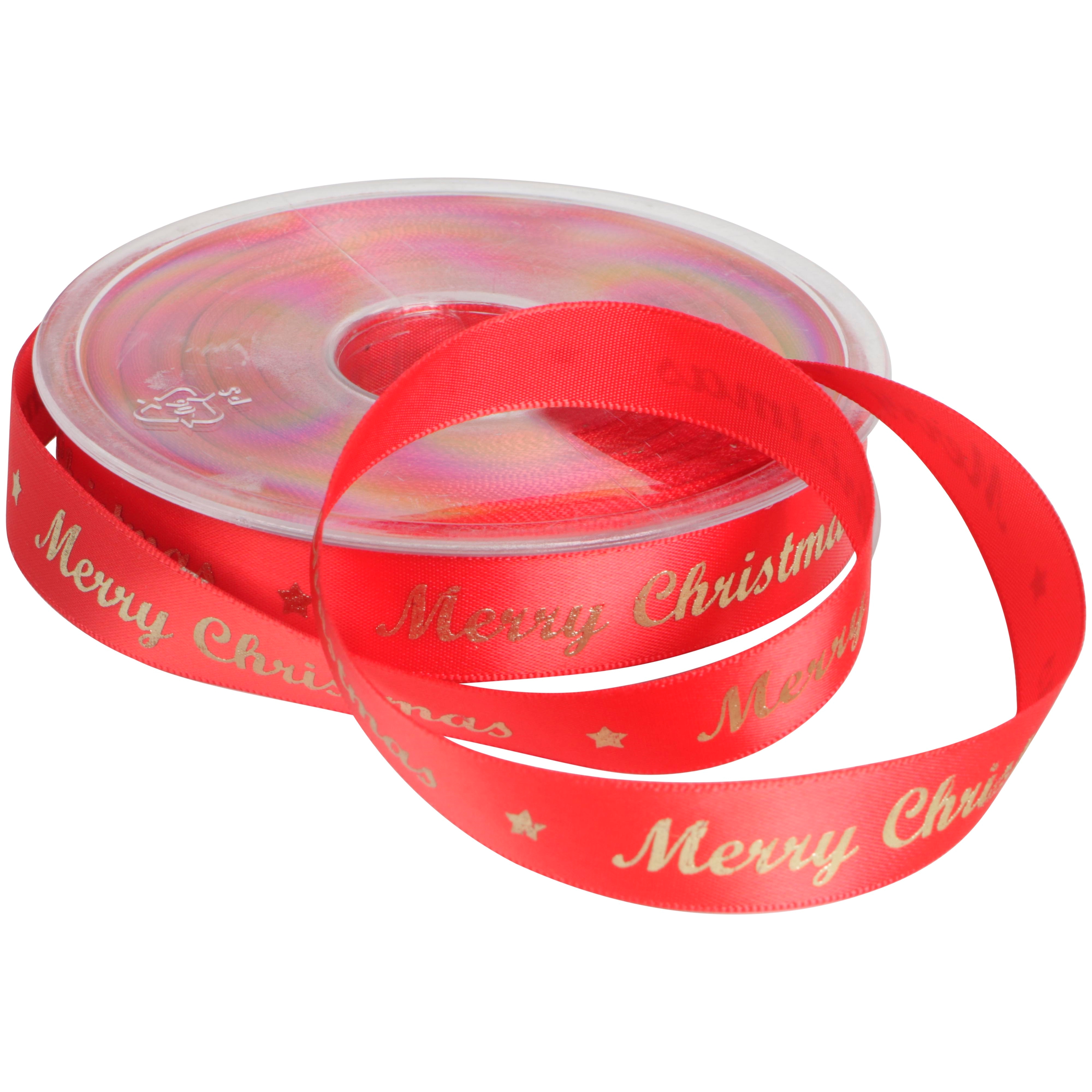 Afbeeldingen van Rol kerstlint satijn 15 mm 25 mtr rood Merry Christmas