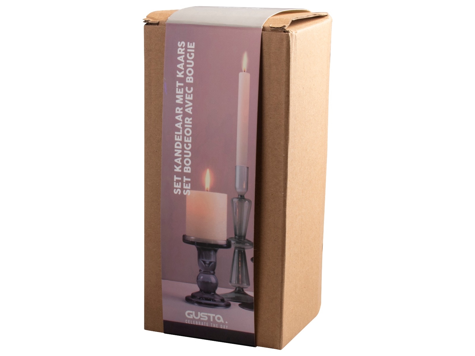 Afbeeldingen van Kaars met glazen kandelaar 9 x 20 cm. (uc)