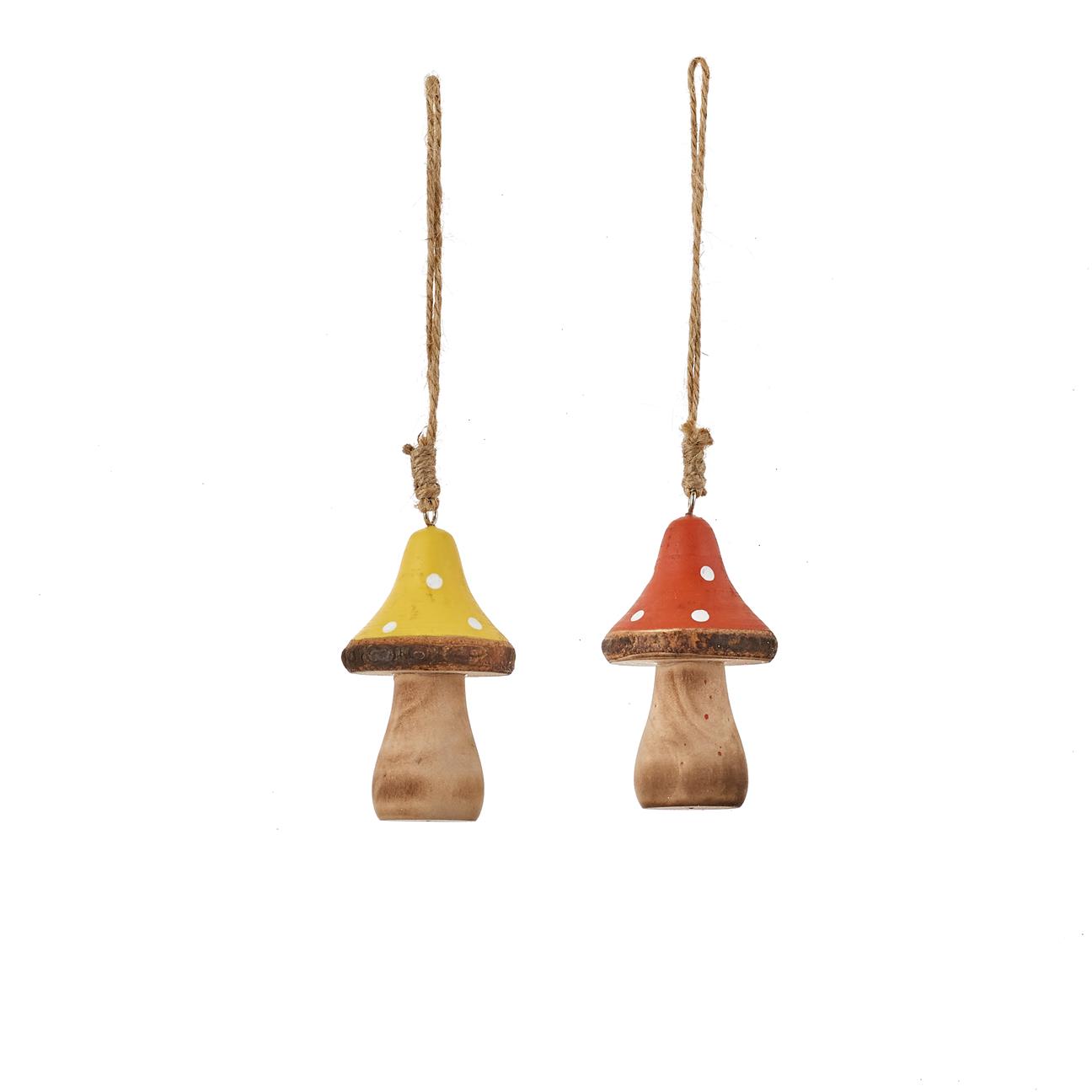 Afbeeldingen van Hangdecoratie paddenstoel punt, hout, oranje geel, 7,5 cm