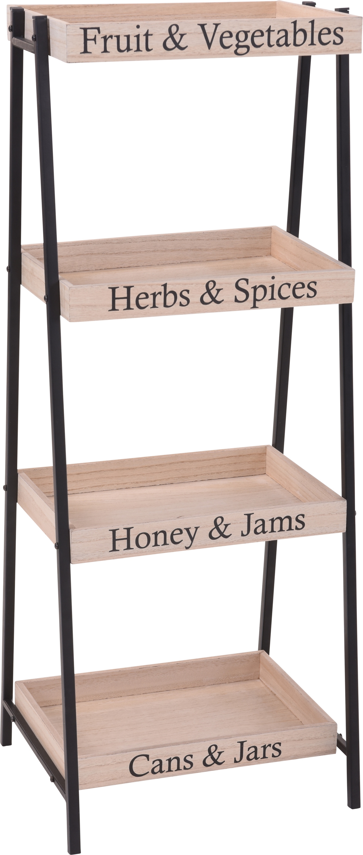 Afbeeldingen van Metalen rek met houten bakken en teksten