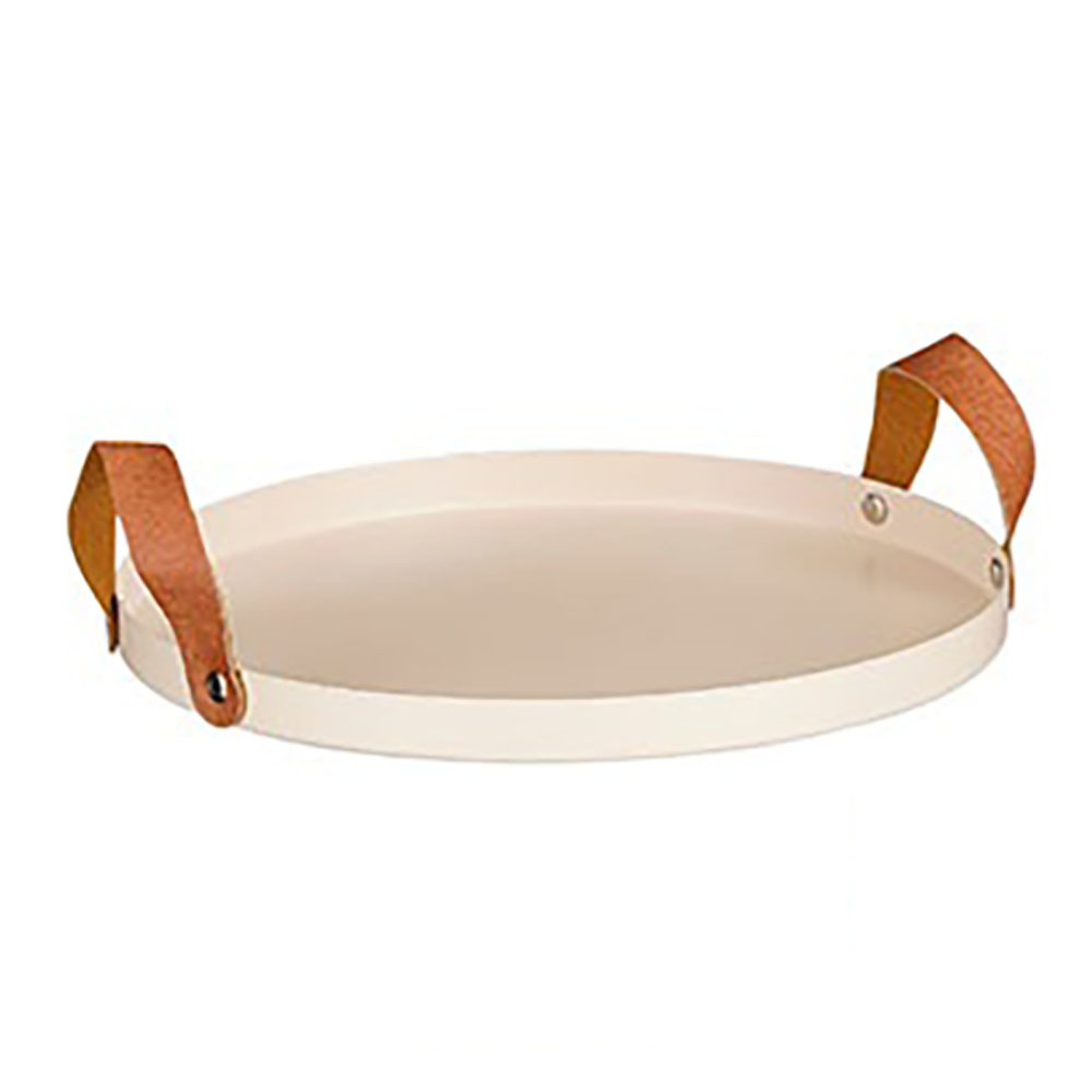 Afbeeldingen van Dienblad metaal rond 25x2 cm beige met bruinleren grepen