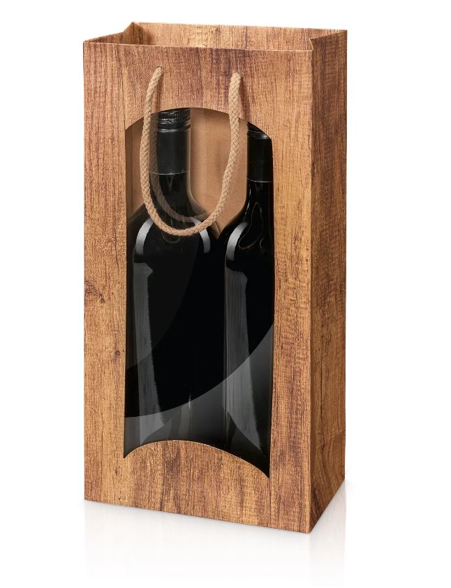 Afbeeldingen van Pak à 20 kadotas 2 fles met venster 17+8,5x36 cm houtlook