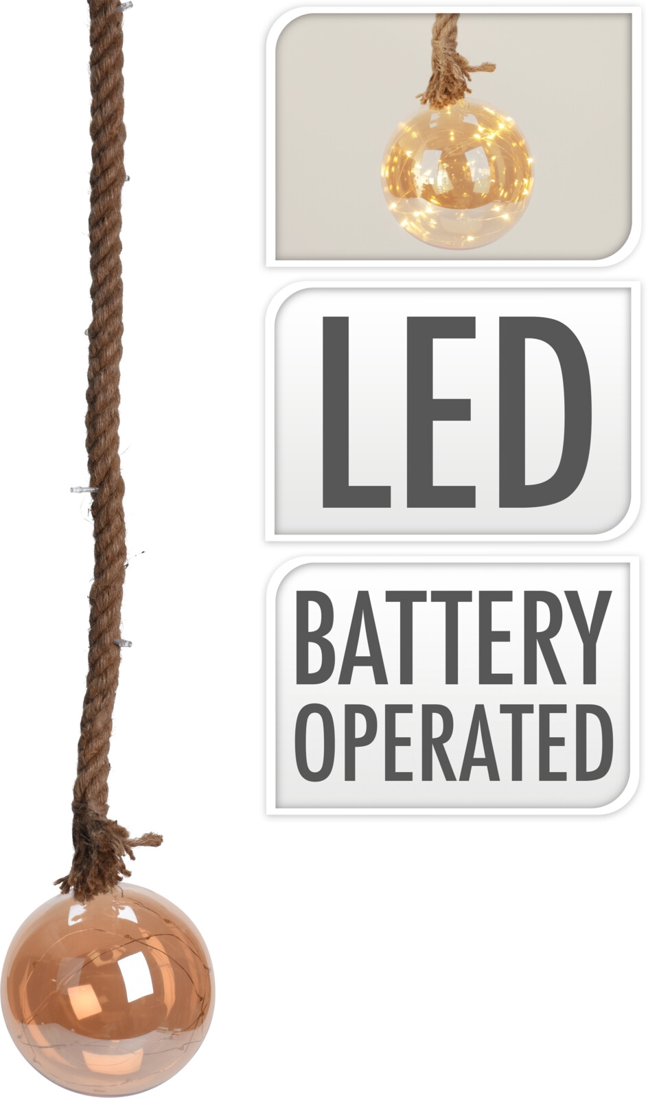 Afbeeldingen van Bollamp glas 15 cm aan touw met 24 led verlichting warm wit  