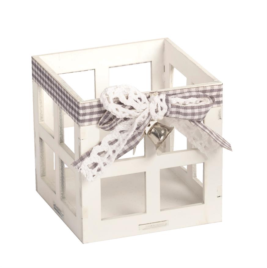 Afbeeldingen van Waxinelichthouder wit 7,5x7,5x7 cm met bel en strik (uc)