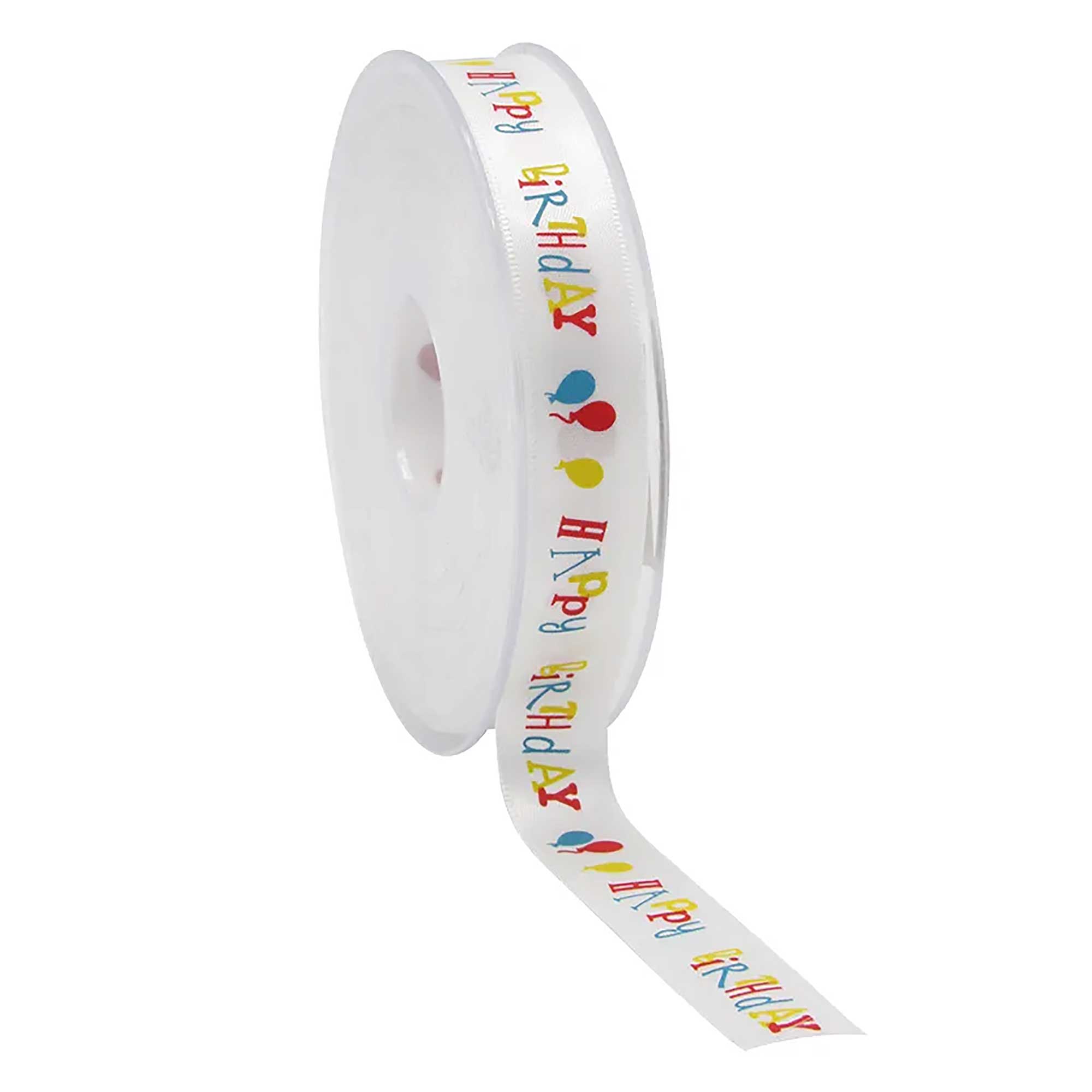 Afbeeldingen van Rol satijnlint 15 mm 25 mtr wit Happy Birthday 