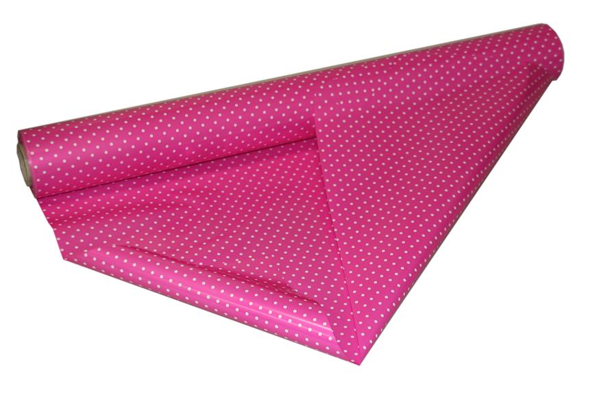 Afbeeldingen van Rol pp kadofolie 60 cm/50 mtr parelmoer fuchsia met witte stippen