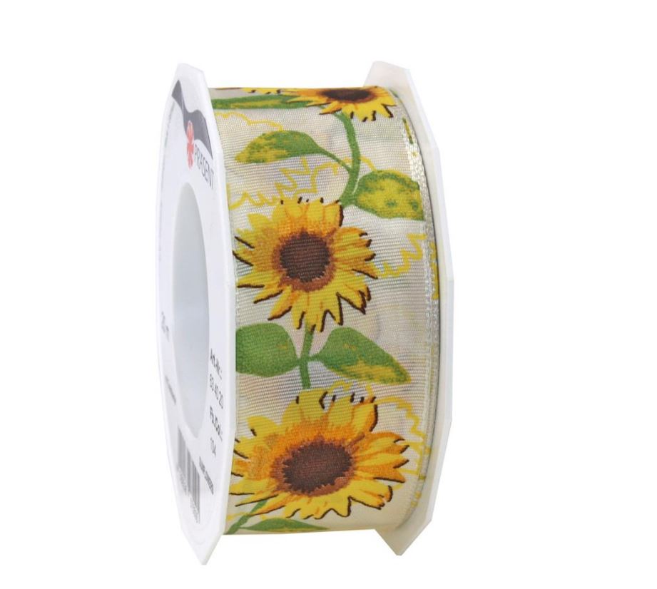 Afbeeldingen van Rol textiellint bedraad 40 mm 20 mtr Zonnebloemen