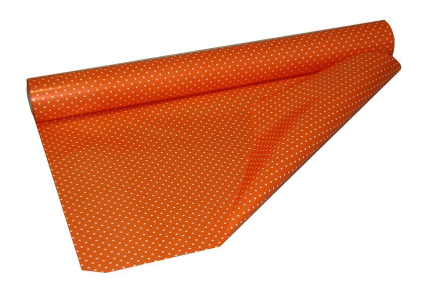 Afbeeldingen van Rol pp kadofolie 60 cm/50 mtr parelmoer oranje met witte stippen