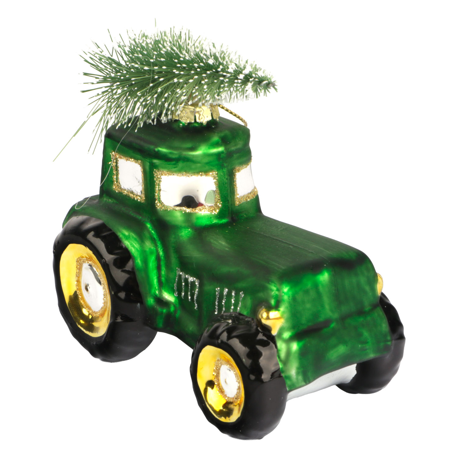 Afbeeldingen van Kerstbal 9x5x7 cm groene tractor + boom  