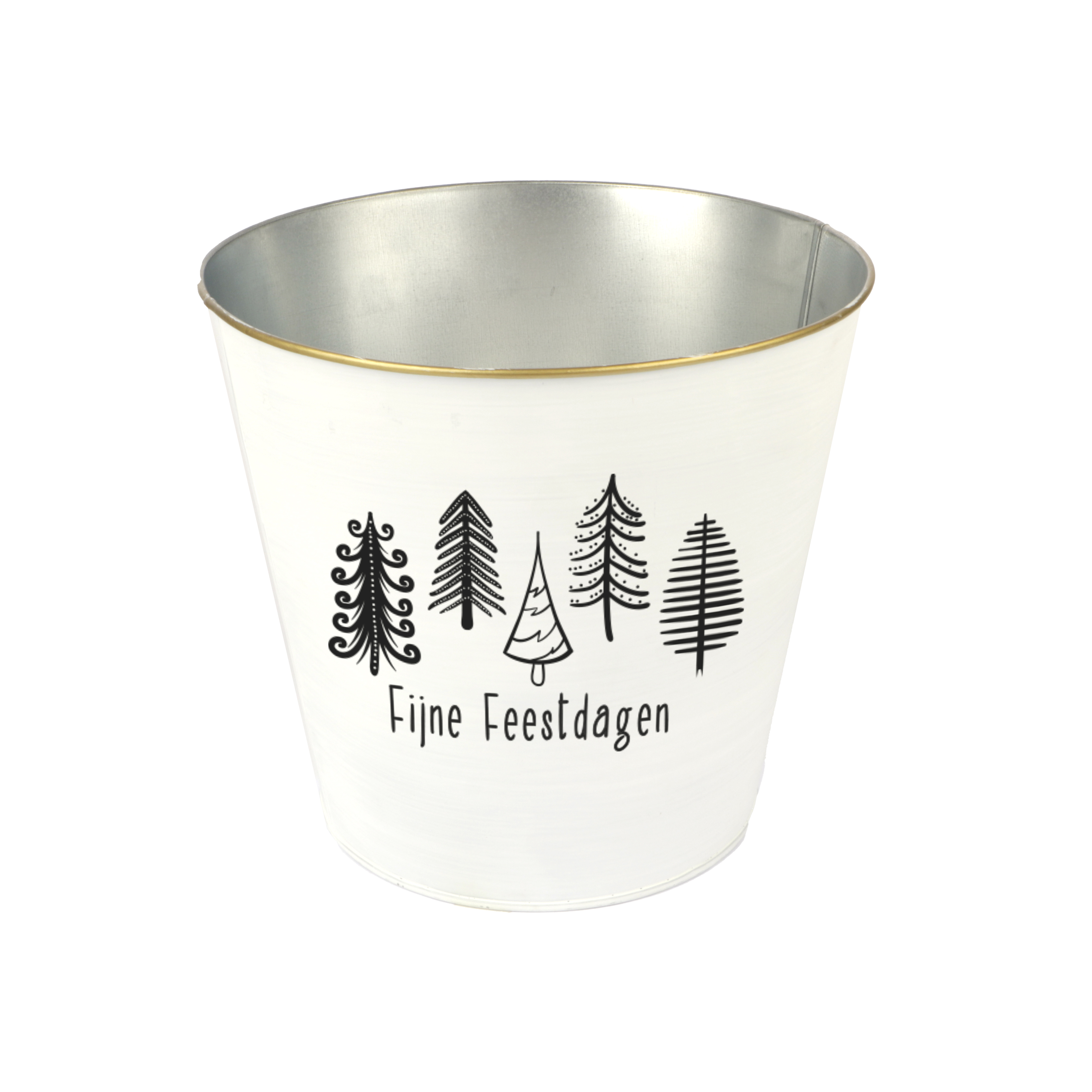 Afbeeldingen van Emmer 21/15x19 cm wit met zwart, Fijne Feestdagen en kerstbomen