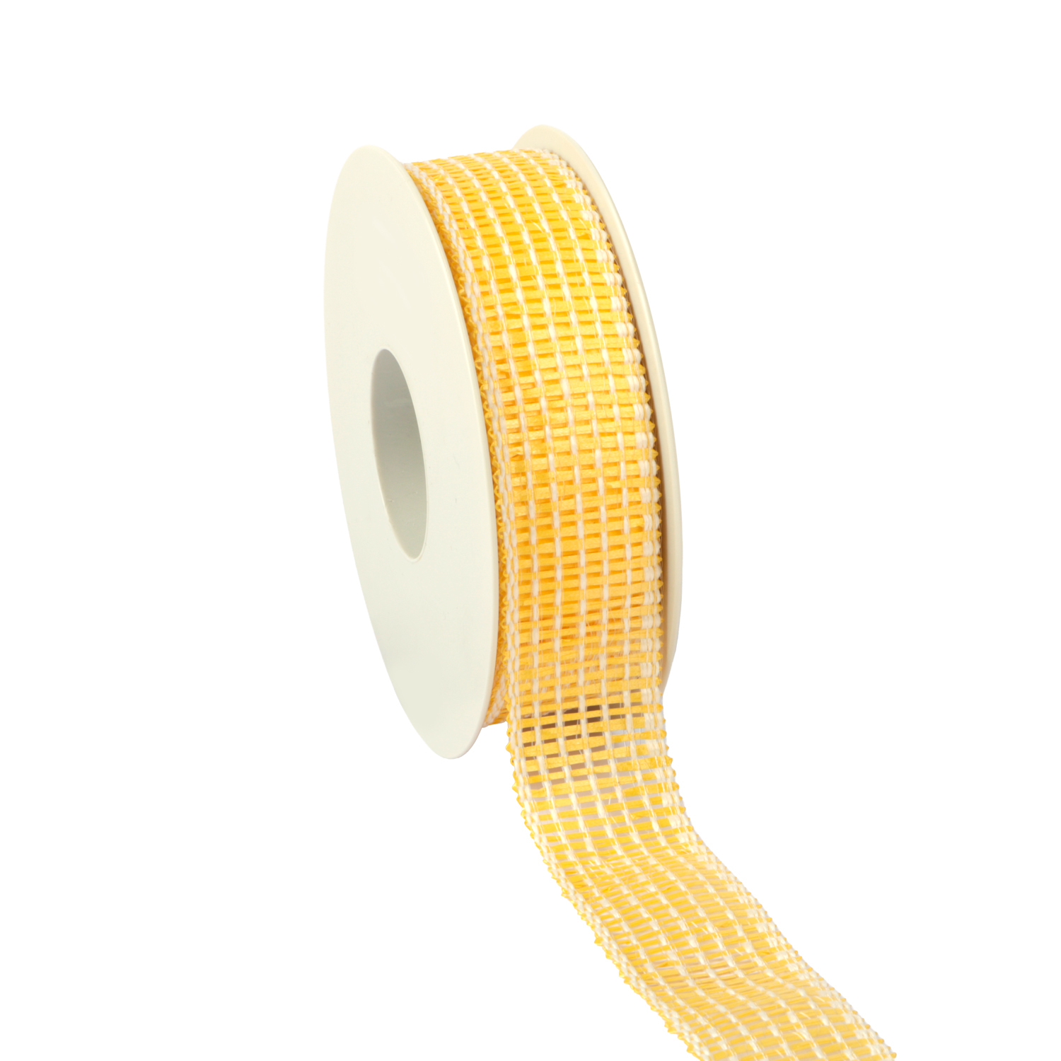 Afbeeldingen van Rol gaaslint 30 mm 15 mtr geel/wit