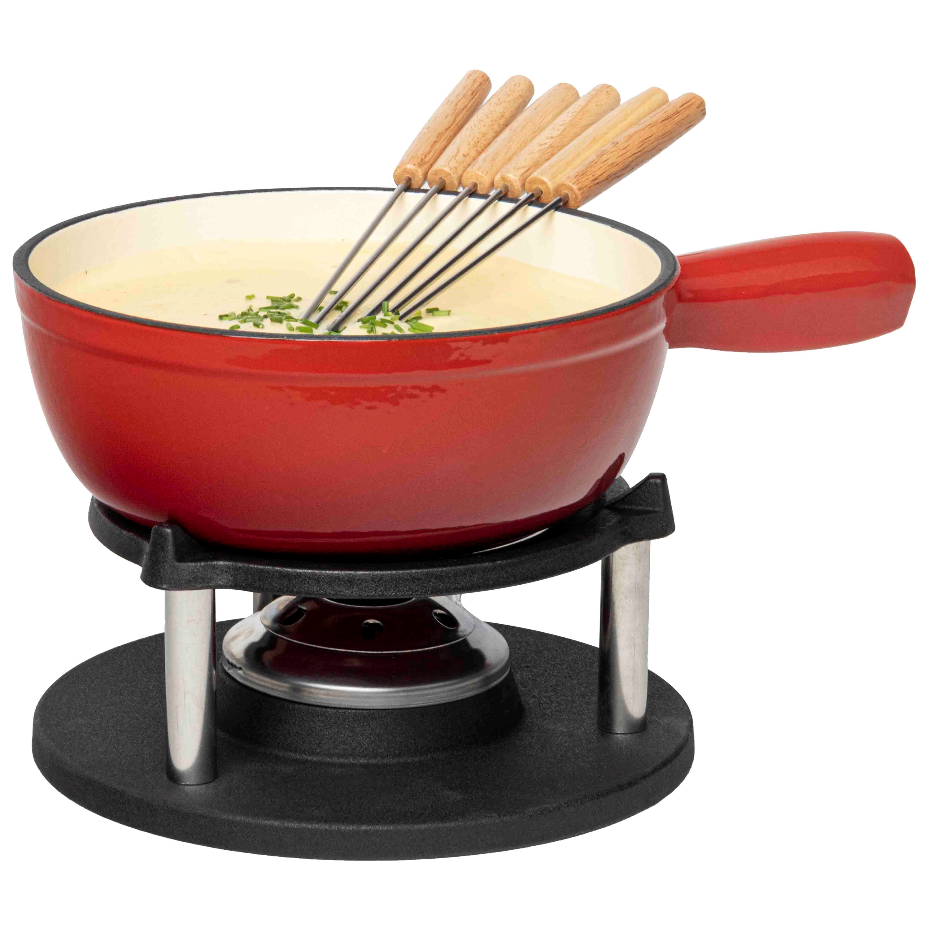 Afbeeldingen van Fonduepan gietijzer rood met 6 vorkjes en steel (uc)