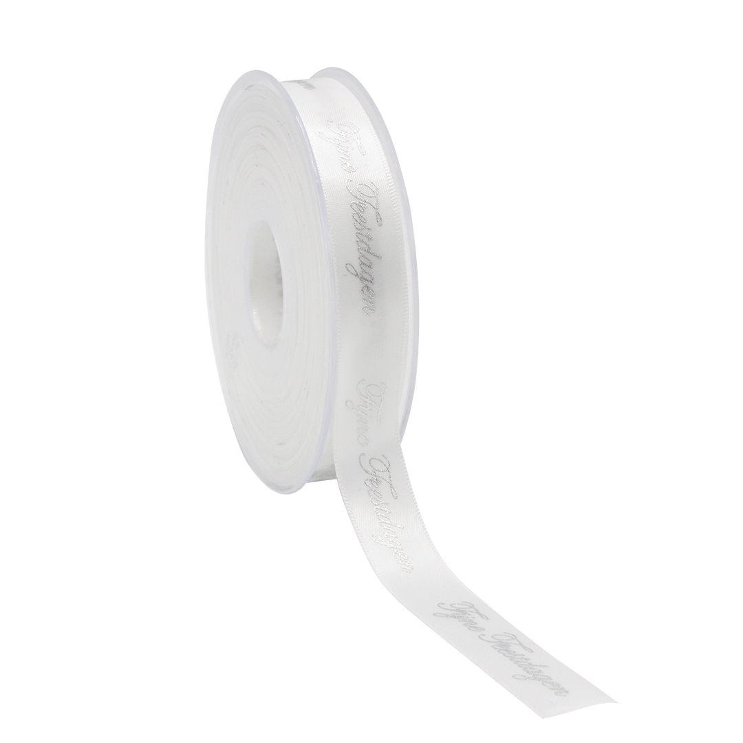 Afbeeldingen van Rol kerstlint satijn 15 mm 25 mtr wit Fijne feestdagen