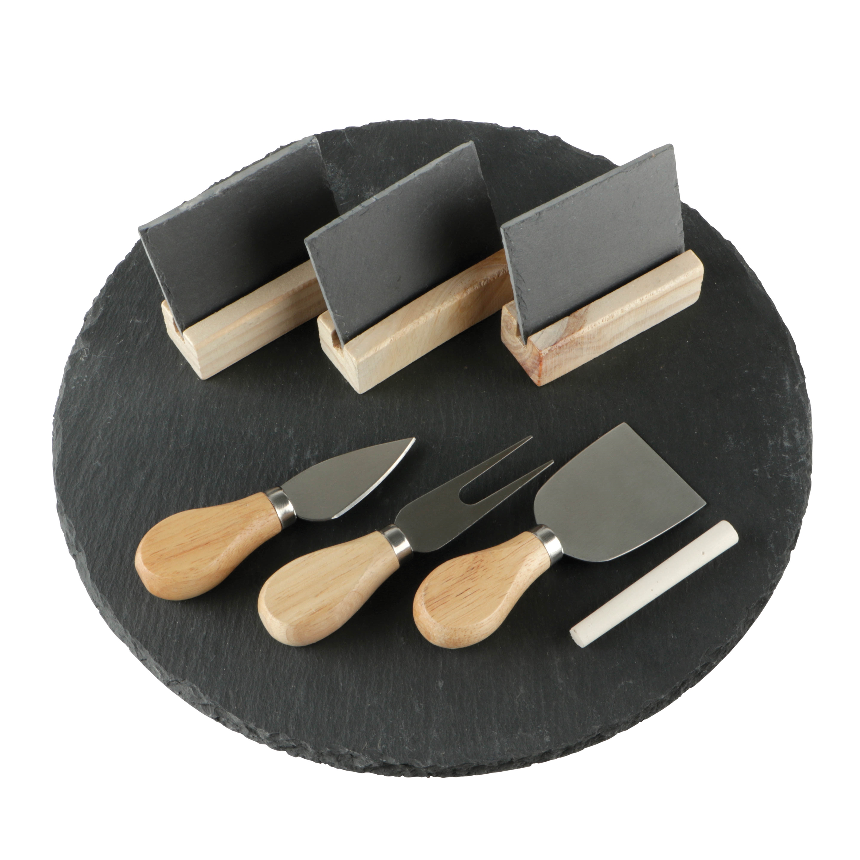 Afbeeldingen van Leisteen serveertray met 2 kaasmesjes, vork, krijtje en 3 naambordjes 