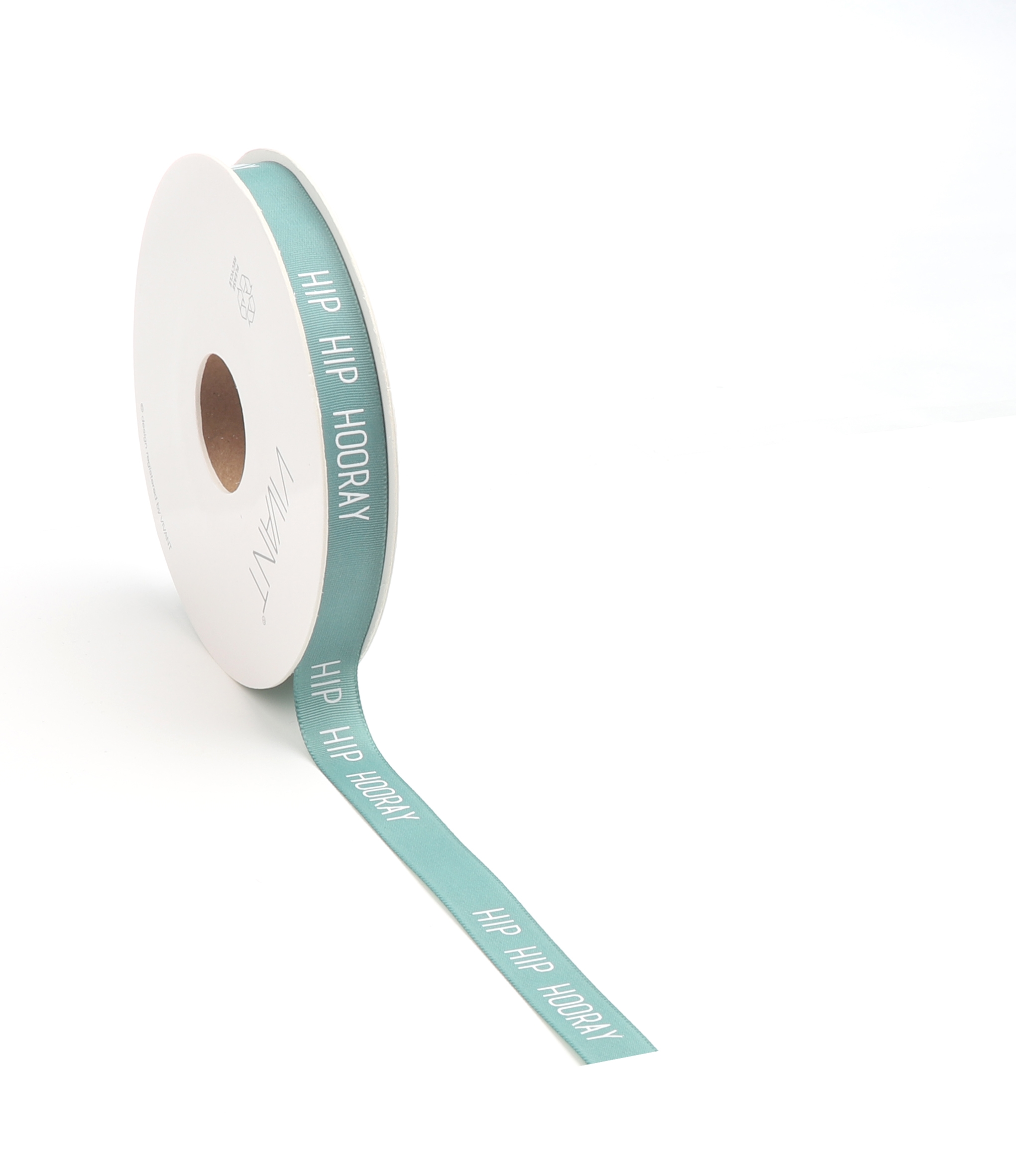 Afbeeldingen van Rol textiellint 12 mm 15 mtr Hip hip hooray  turquoise (uc)