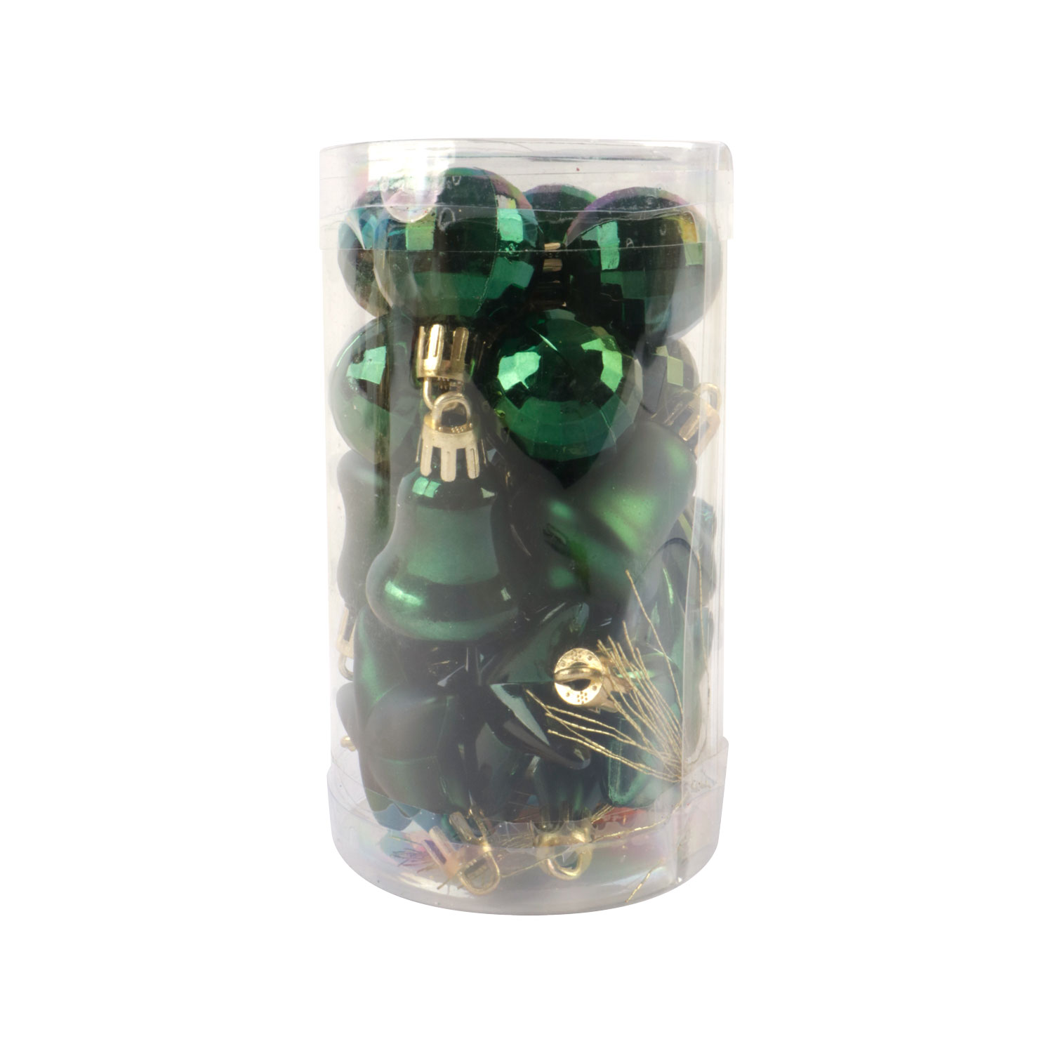 Afbeeldingen van Koker à 20 mini kerstster/bel/discobal groen 3 & 4 cm