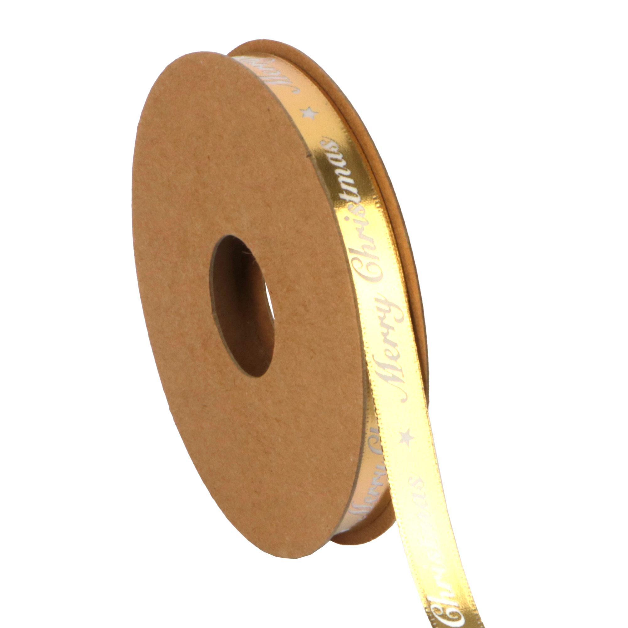 Afbeeldingen van Rol satijnlint 10 mm 20 mtr Merry Christmas glimmend goud