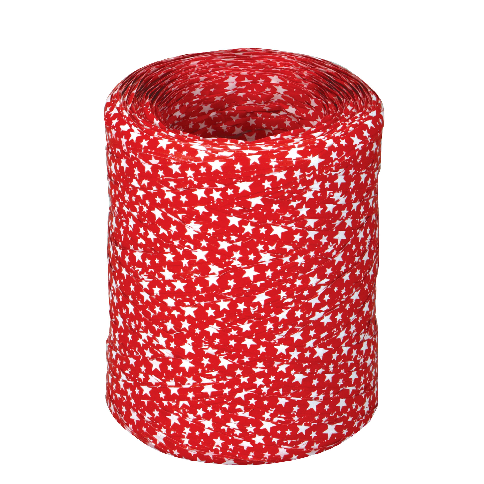 Afbeeldingen van Rol à 200 mtr raffia kerst rood met witte sterren