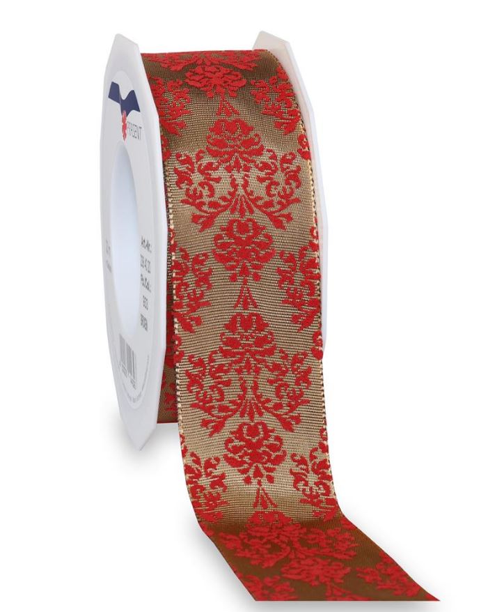 Afbeeldingen van Rol textiellint bedraad 40 mm 20 mtr ornament taupe/rood