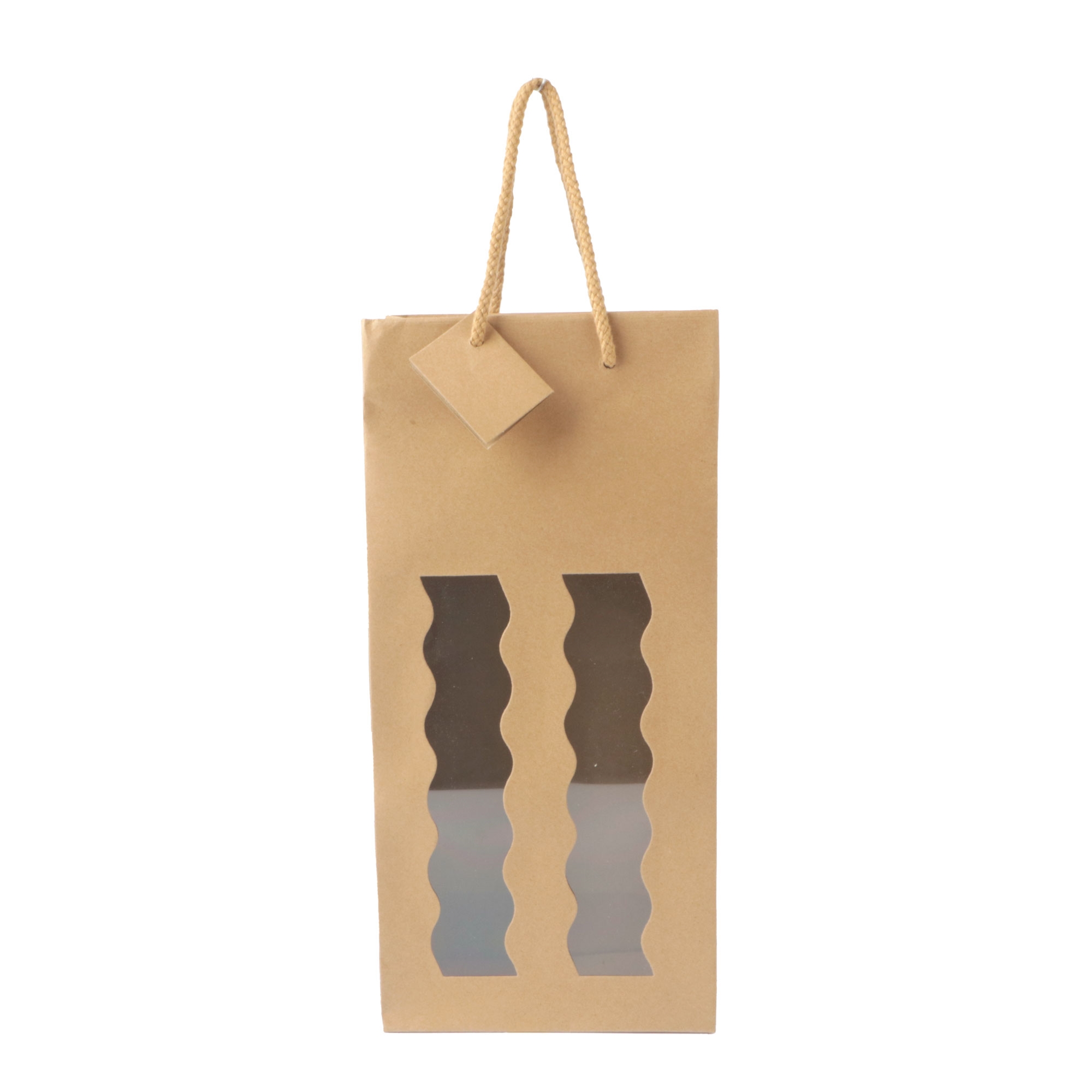 Afbeeldingen van Pak à 10 2 fles draagtas bruin kraft met golvend venster 