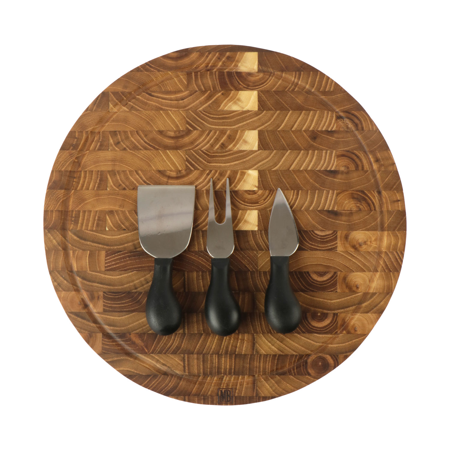 Afbeeldingen van Teak snijplank ø30x1,8 cm + kaasgereedschap