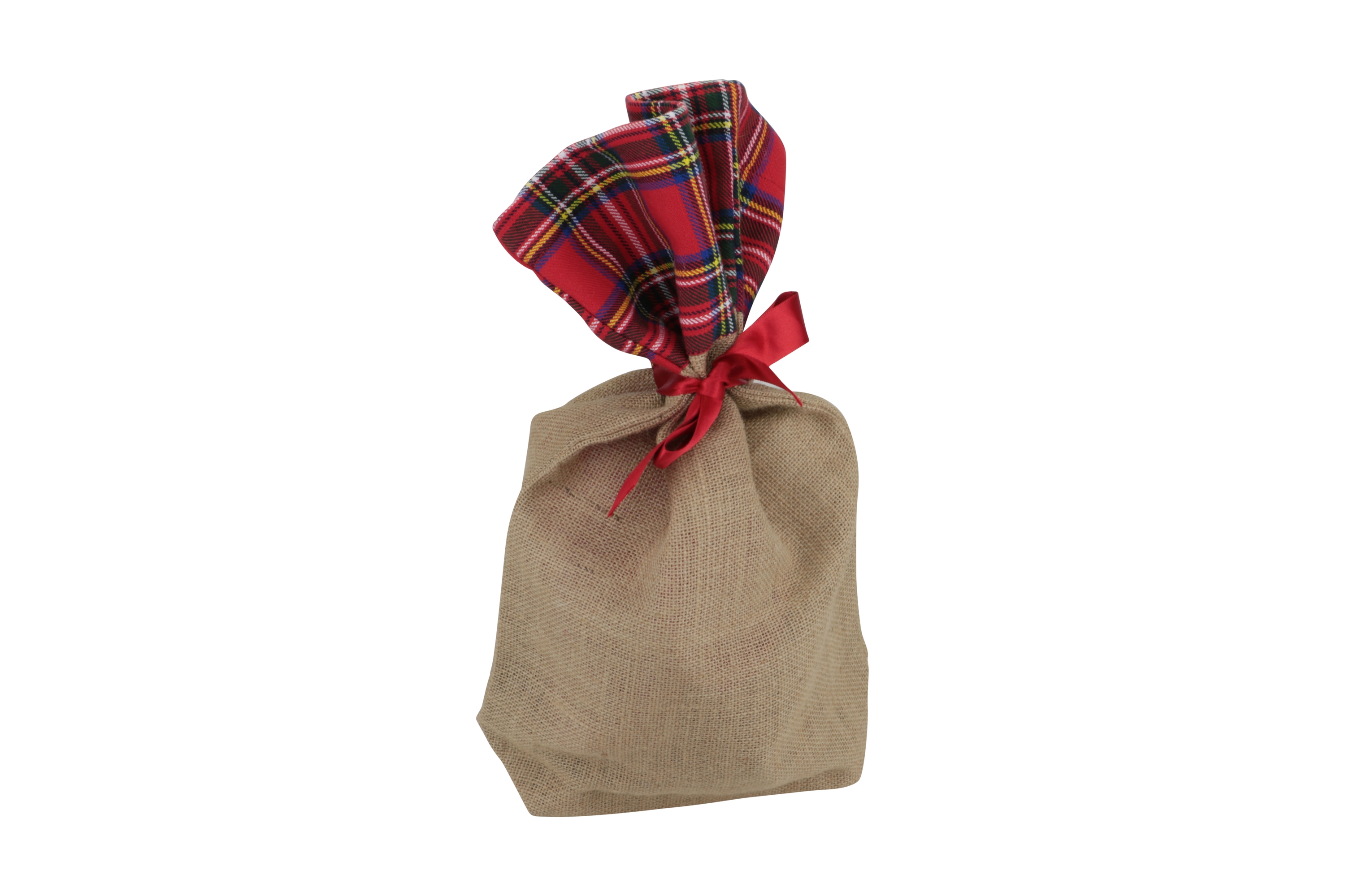 Afbeeldingen van Jute kadozak 30x47+10 cm met satijn sluitlint en geruite top