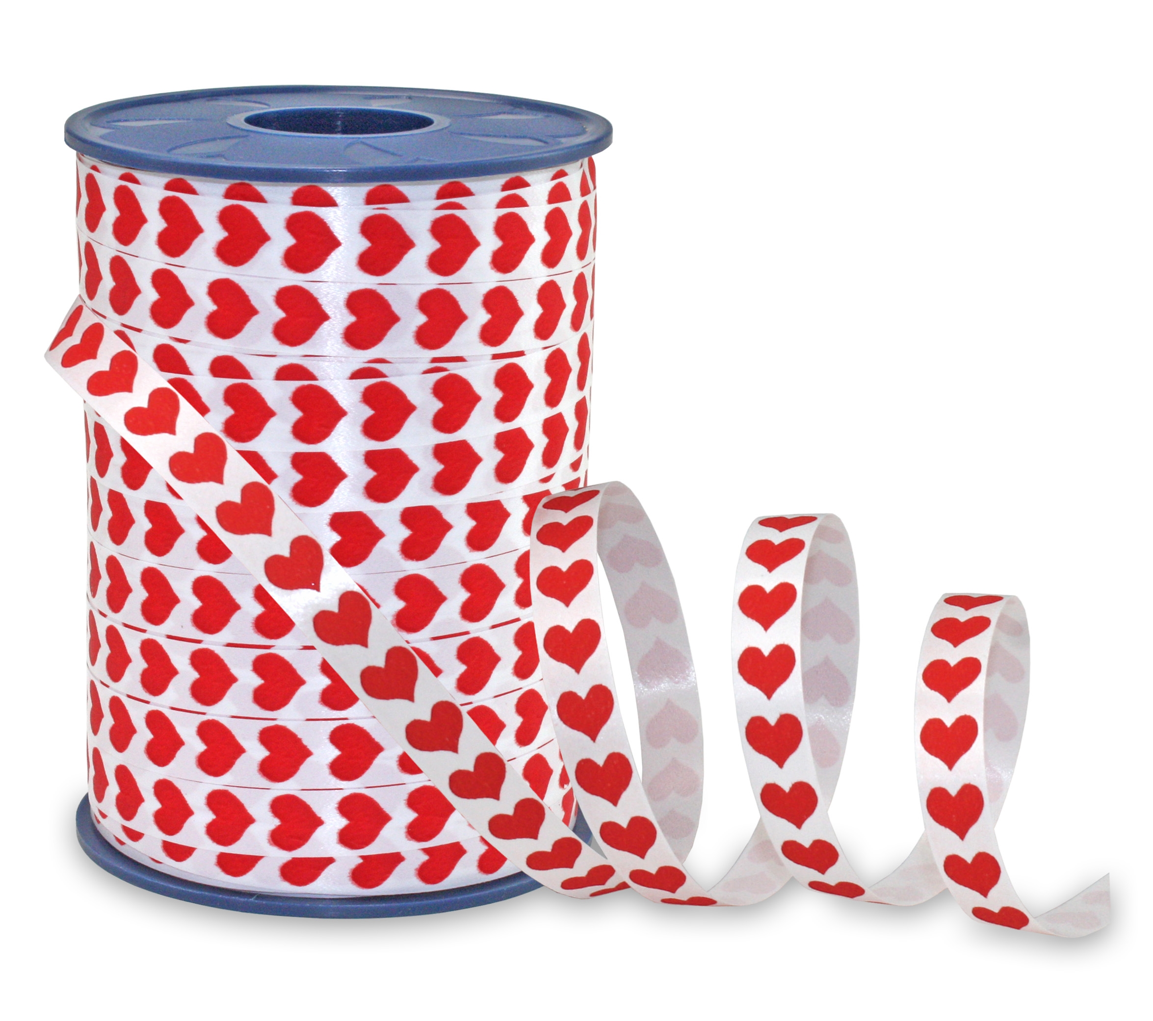 Afbeeldingen van Rol krullint 10 mm 250 mtr wit met rode harten