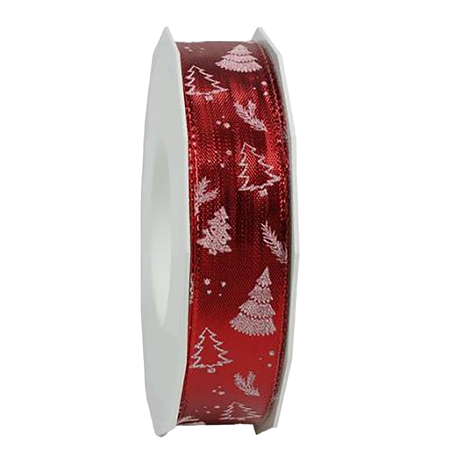 Afbeeldingen van Rol textiellint 25 mm 20 mtr kerstbomen rood