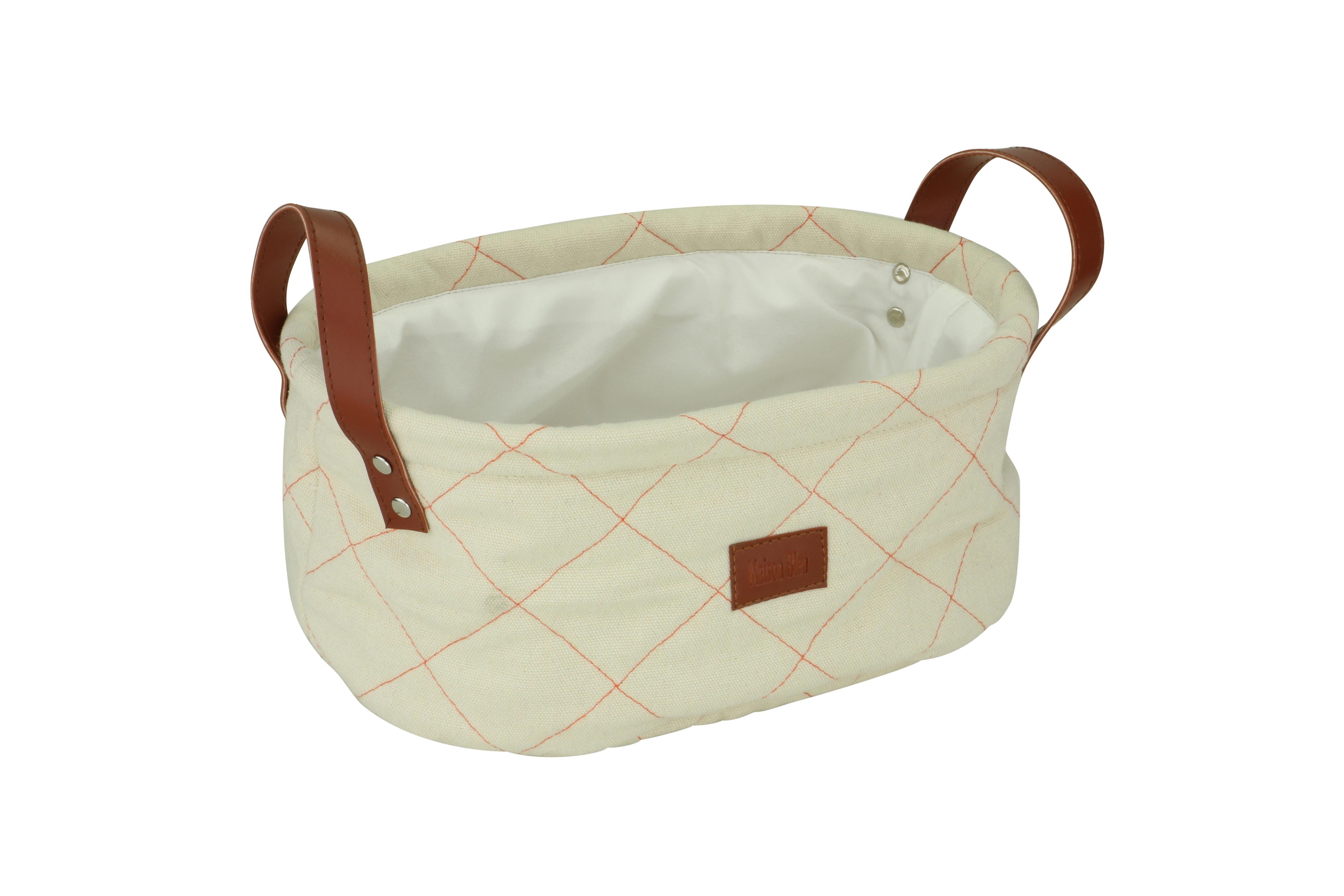 Afbeeldingen van Katoenen mand ovaal 30x22x15 cm oranje stiksel met grepen