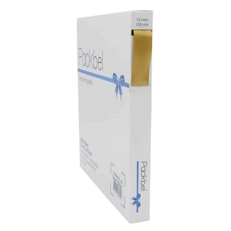 Afbeeldingen van Rol satijnlint 15 mm 100 mtr goud