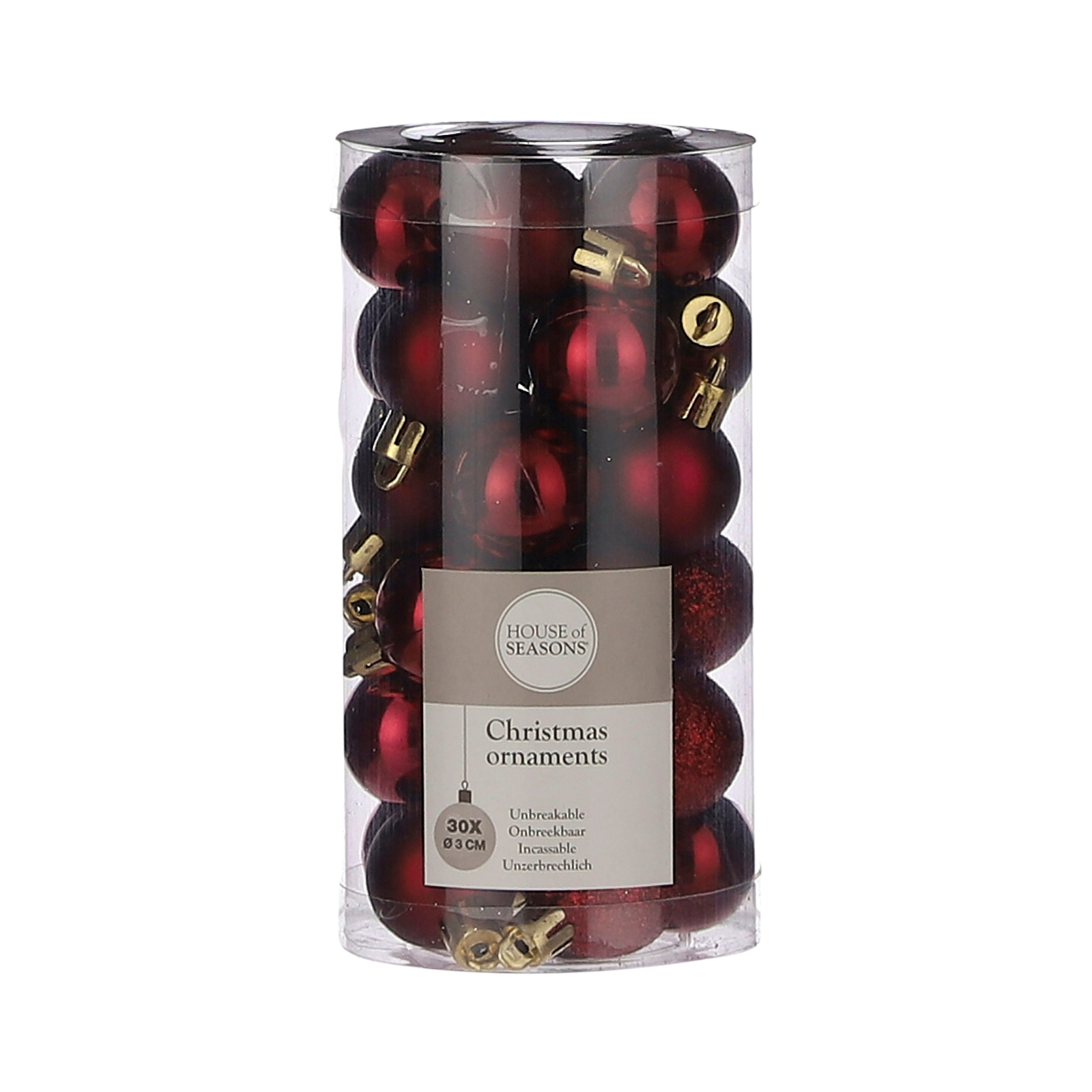 Afbeeldingen van Koker à 30 mini kerstbal onbreekbaar 3 cm donkerrood 