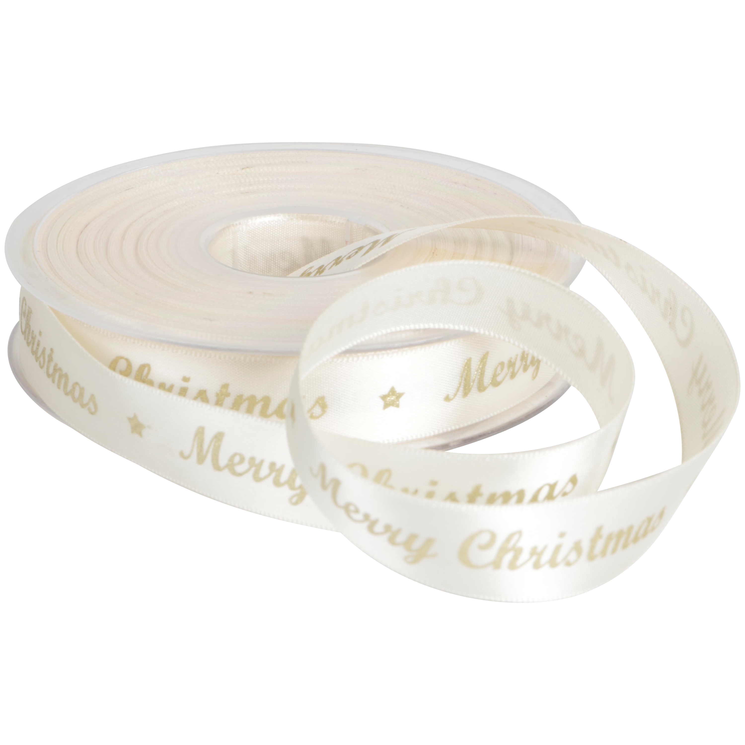 Afbeeldingen van Rol kerstlint satijn 15 mm 25 mtr crème Merry Christmas