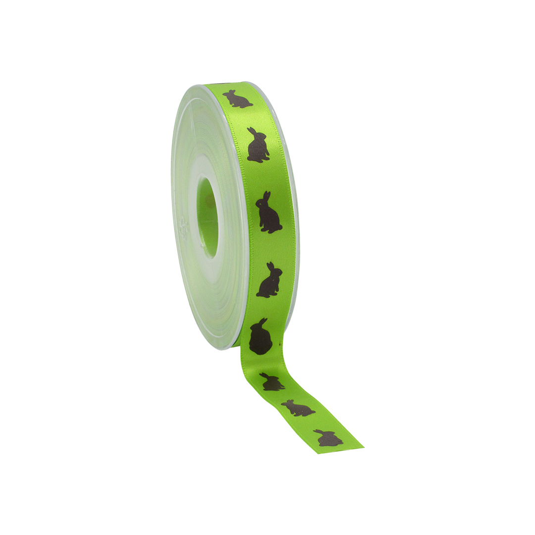 Afbeeldingen van Rol satijnlint 15 mm 25 mtr Bunny lentegroen/bruin