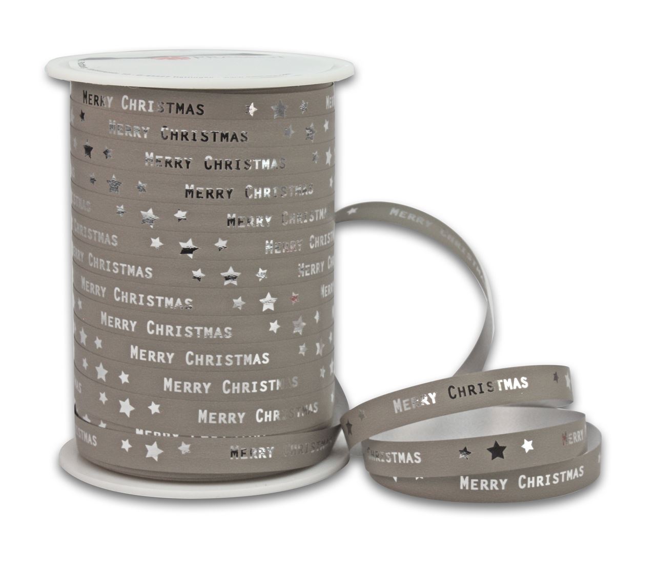 Afbeeldingen van Rol Kerstlint 10 mm 100 mtr Merry Christmas donkergrijs/zilver 