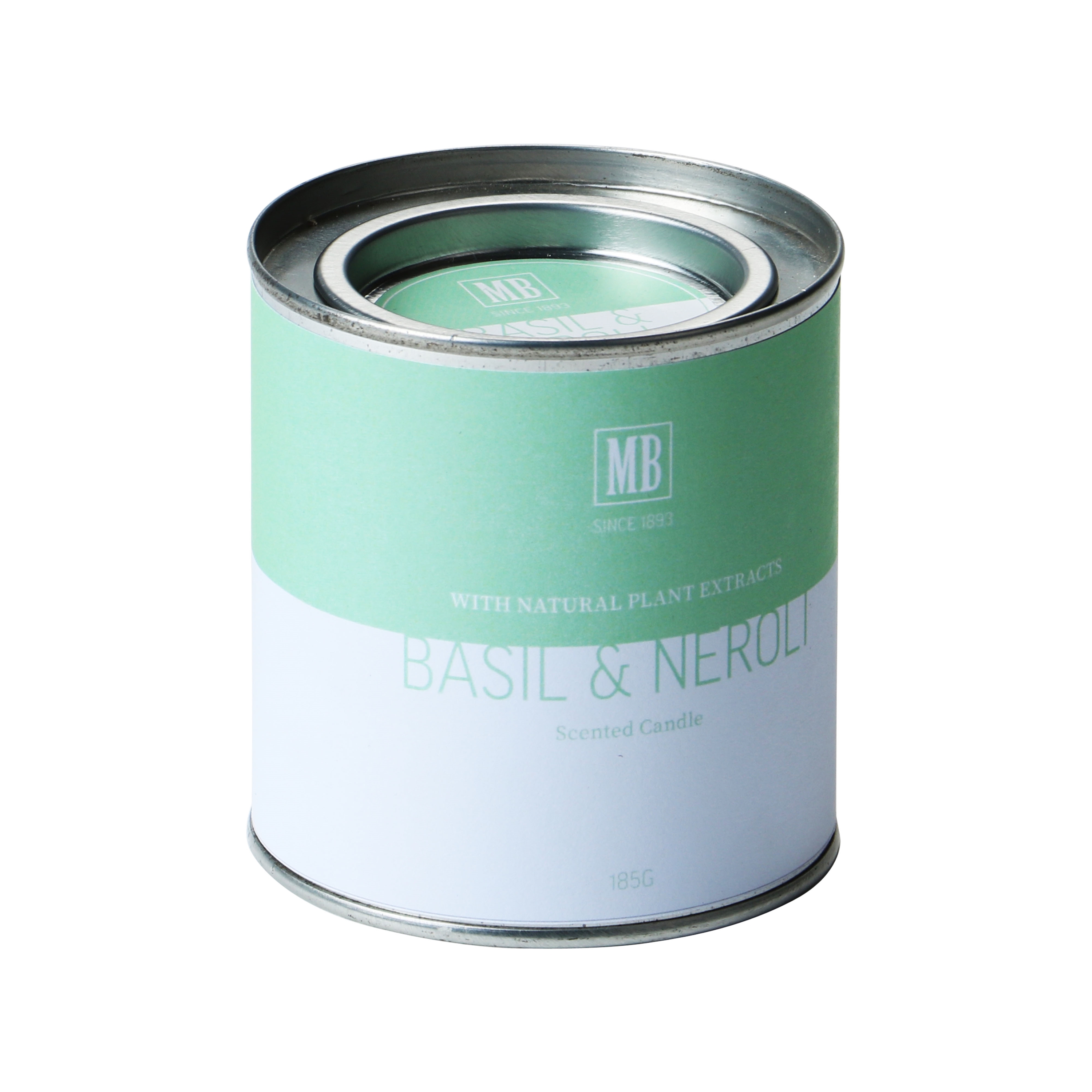 Afbeeldingen van Geurkaars 7,7x8,3 cm in verfblikje, geur Basilicum en oranjebloesem