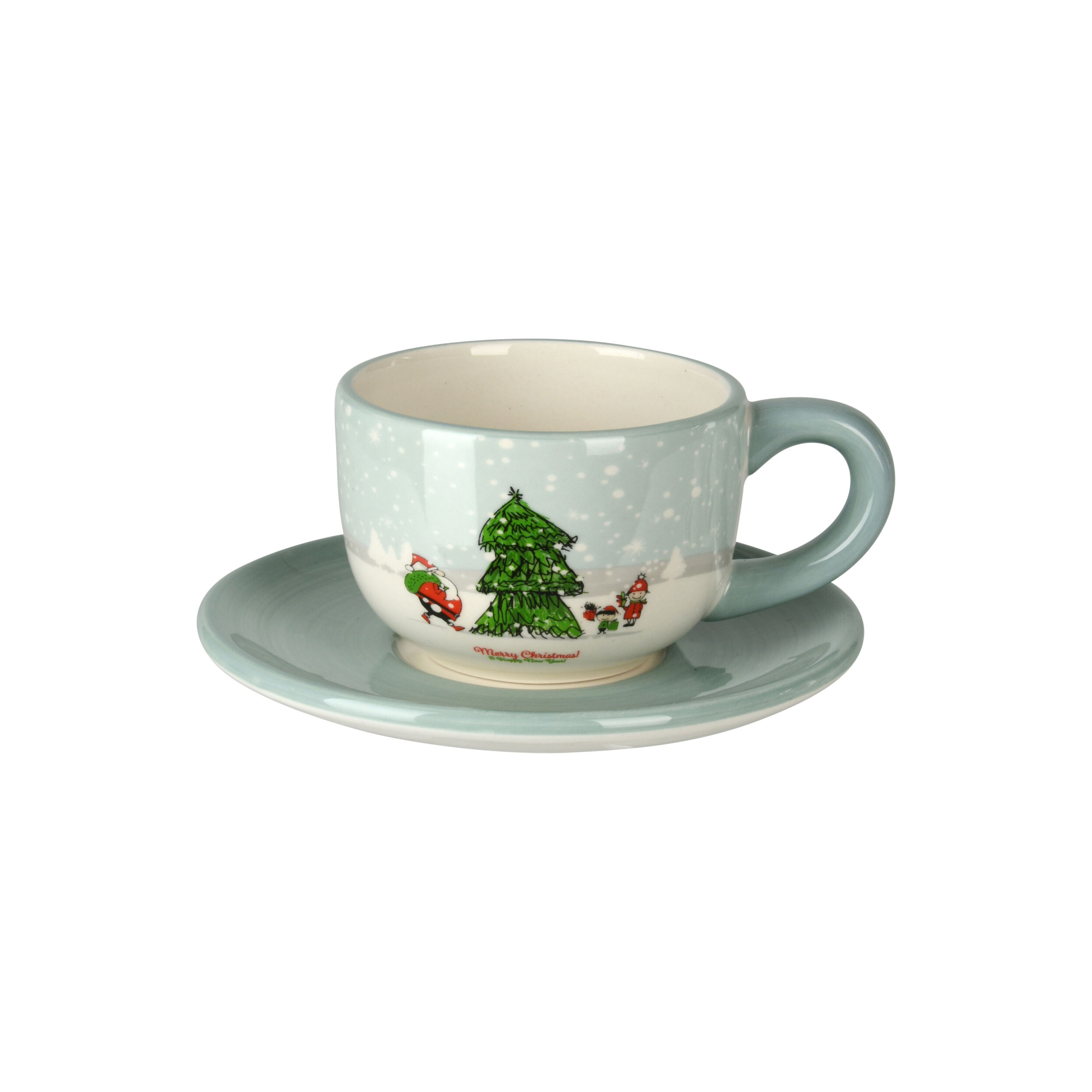 Afbeeldingen van Kop en schotel keramiek lichtblauw met kersttafereel