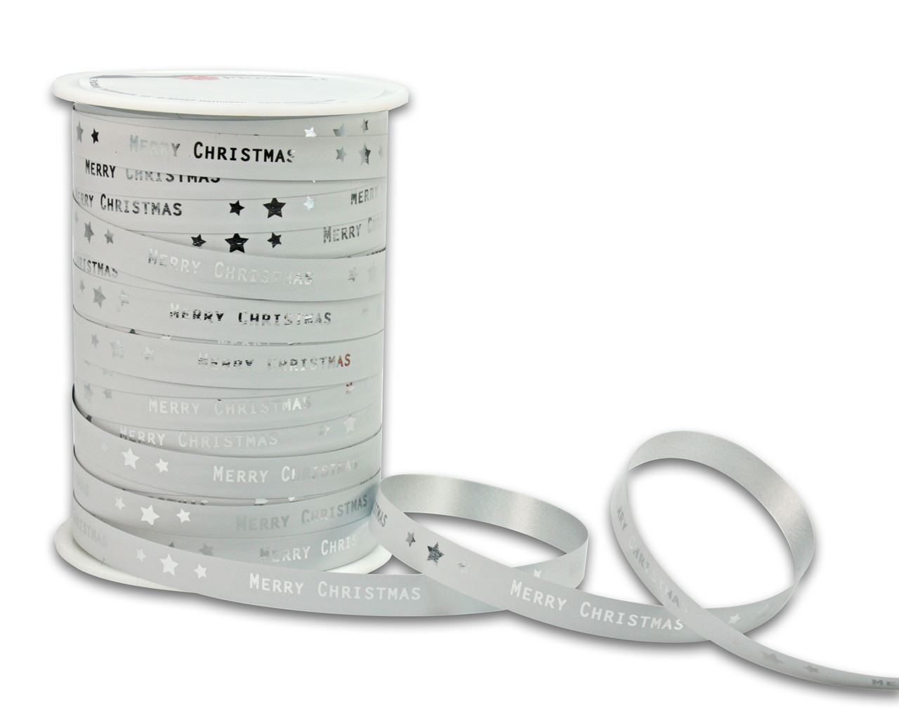 Afbeeldingen van Rol Kerstlint 10 mm 100 mtr Merry Christmas wit/zilver