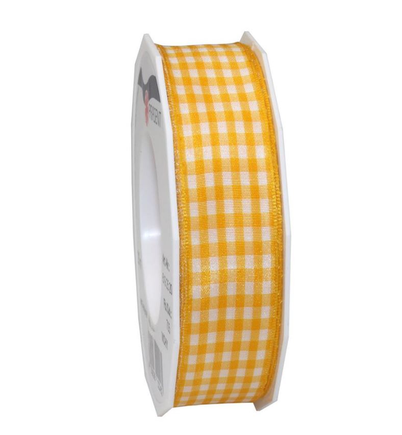 Afbeeldingen van Rol textiellint bedraad 25 mm 20 mtr geel/wit geruit